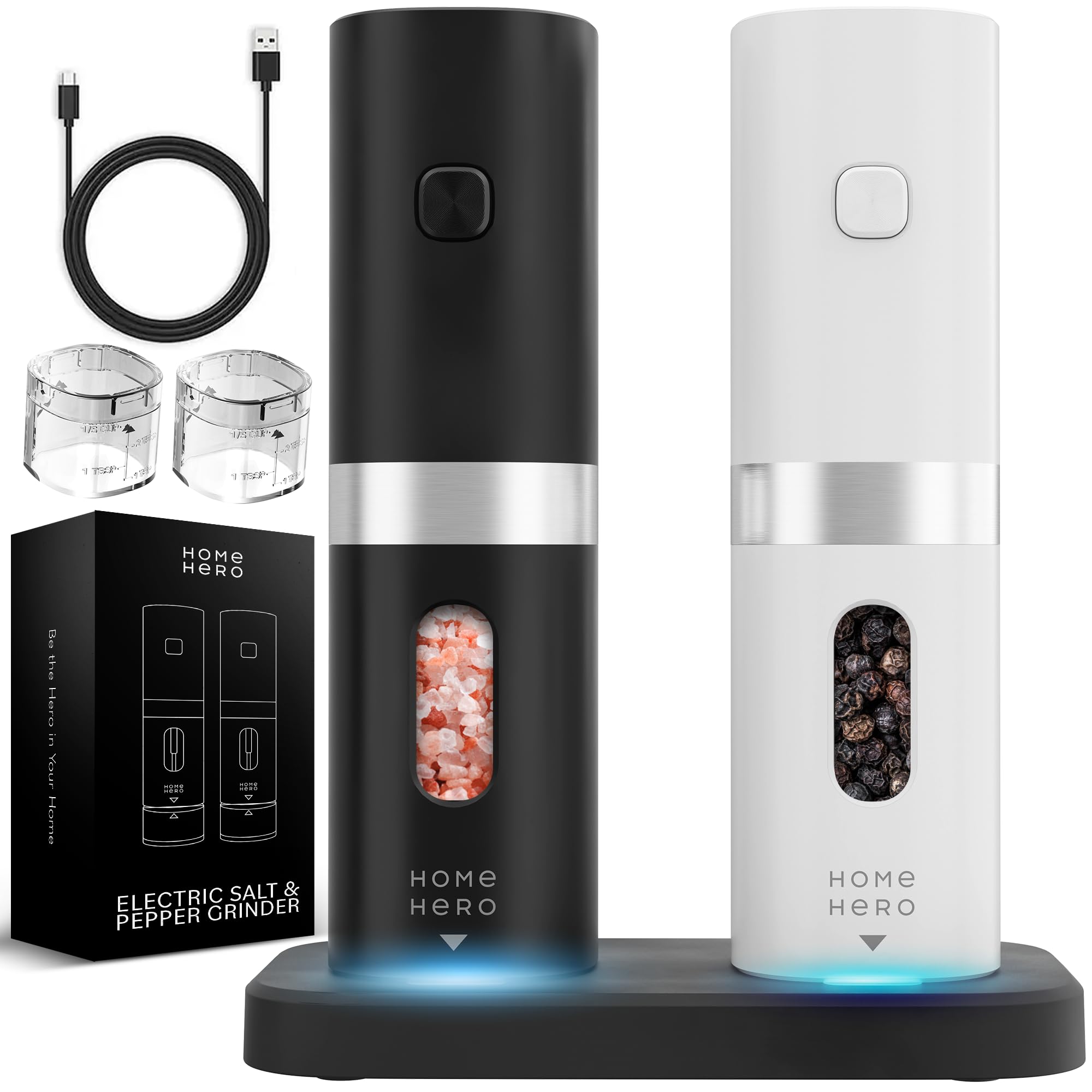 Home Hero Electric Salt and Pepper Grinder Set - Automatic Salt and Pepper Grinder Set Rechargeable. Electronic Salt and Pepper 
