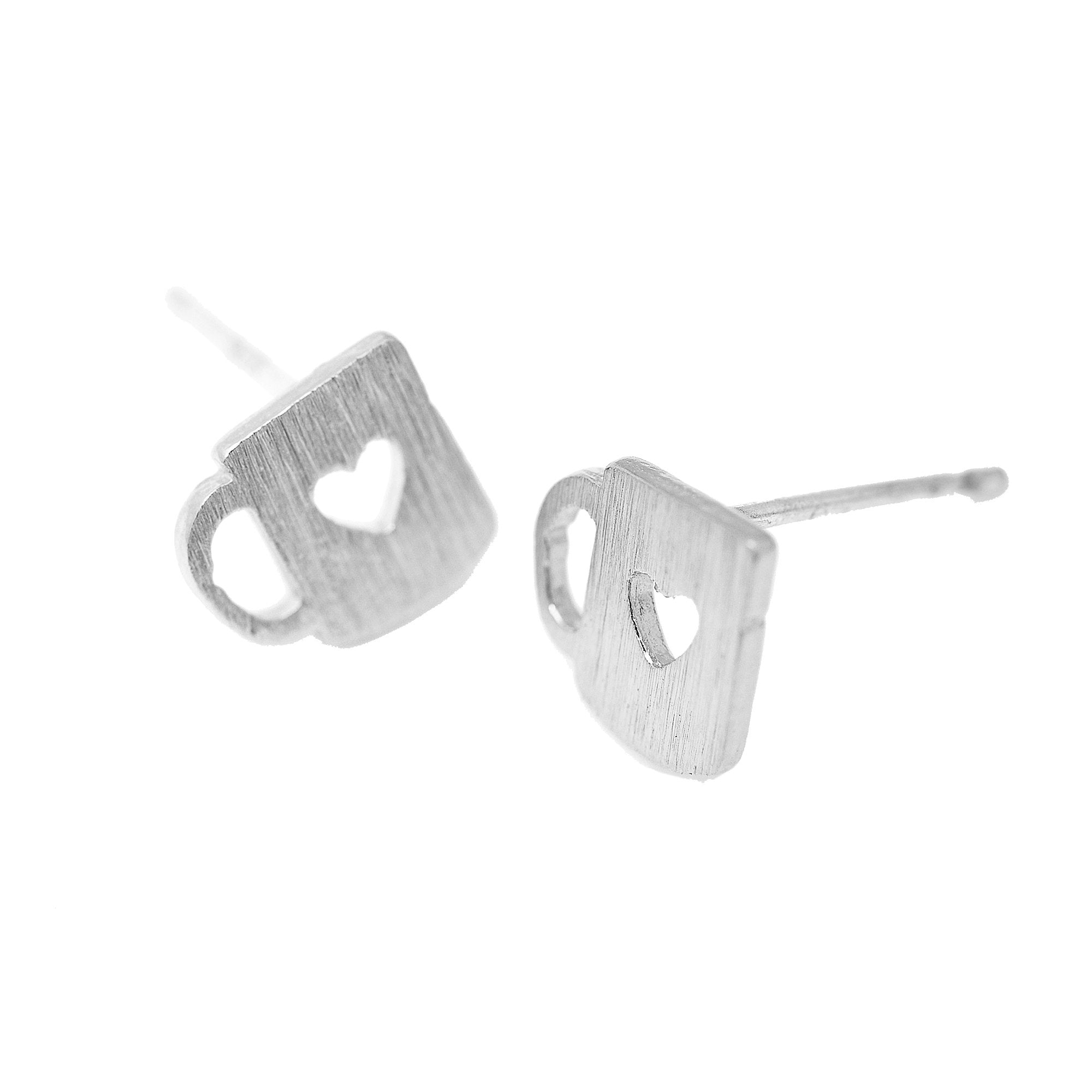 Spinningdaisy Handcrafted Brushed Metal Heart Coffee Mug Earrings Silver