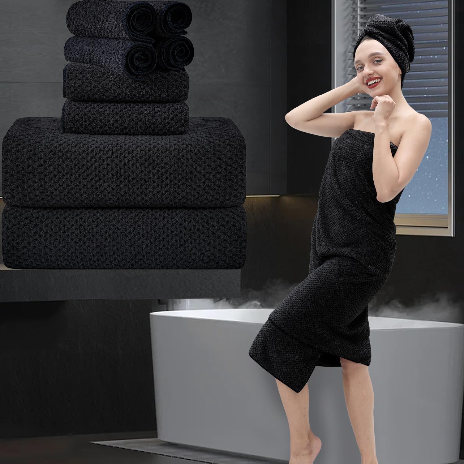 8 Piece Bathroom Towel Set Black |2 Oversized Large Bath Towels Sheet 2 Hand Towels and 4 Washcloths| 600GSM Ultra Soft Luxury Premium Towel Set Highly Absorbent Quick Dry Hotel Towel Collection