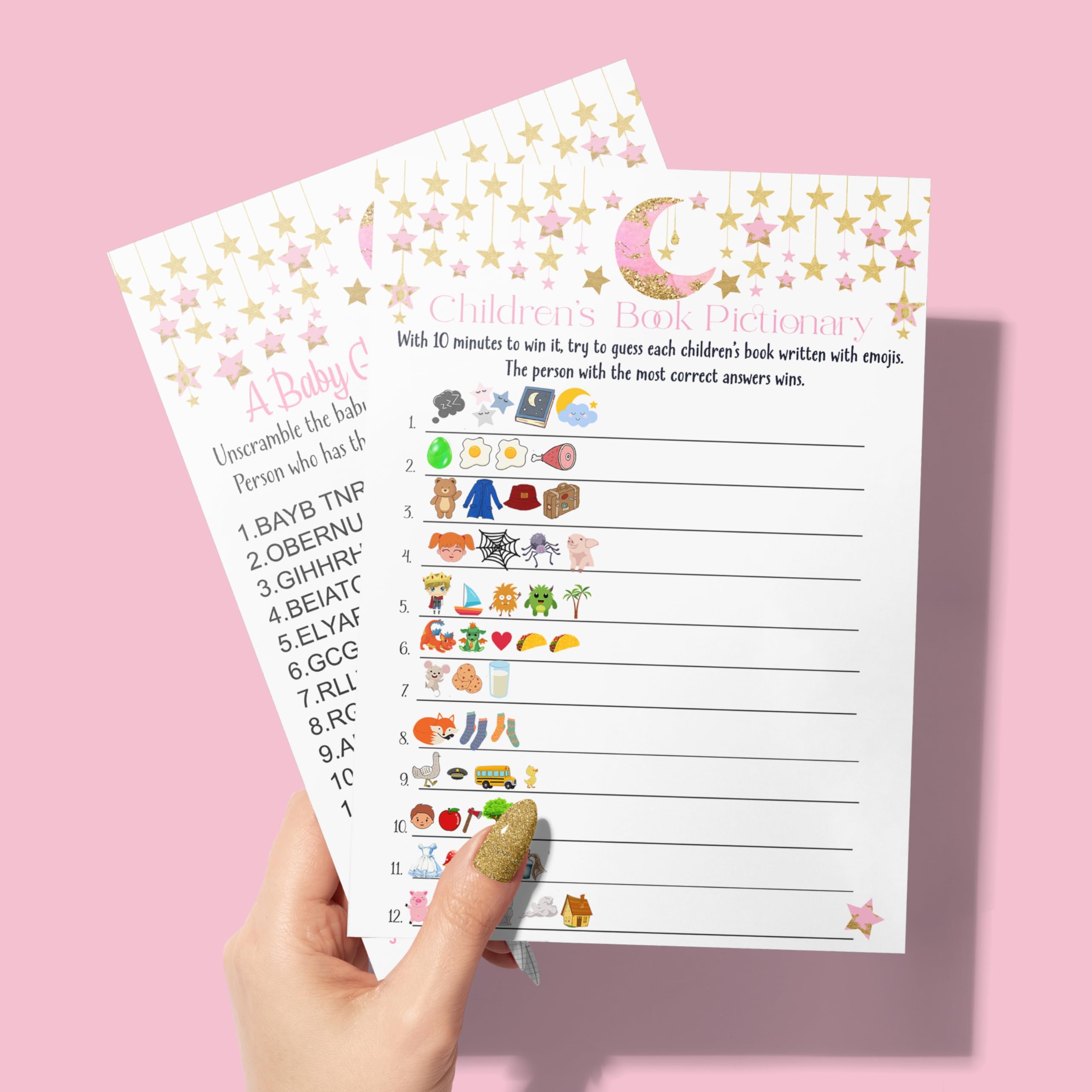 Paper Clever Party Twinkle Little Star Baby Shower Games For Girls - 25 Activities - Storybook Pictionary & Word Scramble - Pink