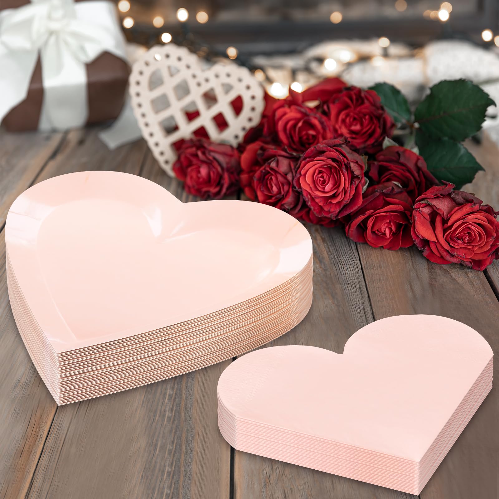Valentine'S Day Party Supplies, Heart Shaped Disposable 9'' Paper Plates And 3 Ply Napkins For Best Mom Gift, Valentine'S Day En