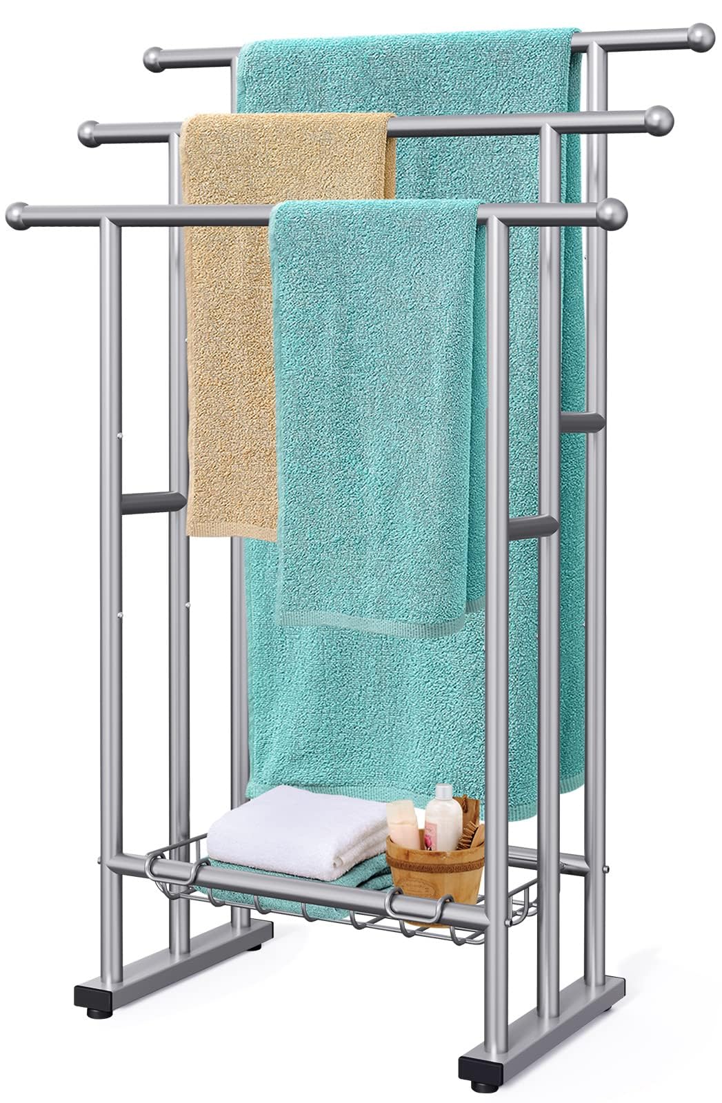 40'' Tall Freestanding Towel Racks For Bathroom, 3 Tier Floor Towel Rack With Storage Basket, Blanket Ladder Drying And Display