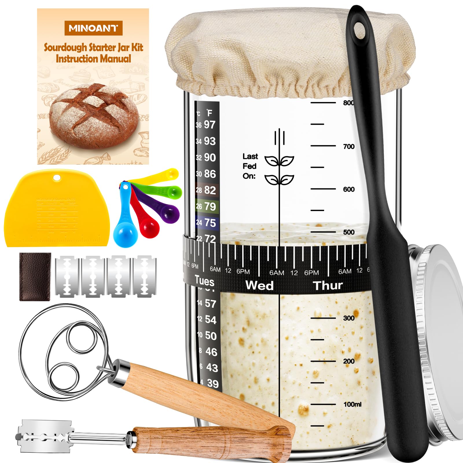 Glass Sourdough Starter Kit with Cloth Cover & Metal Lid, Tracker Band, Thermometer, Jar Scraper, Lame, Dough Whisk, Bread Bakin
