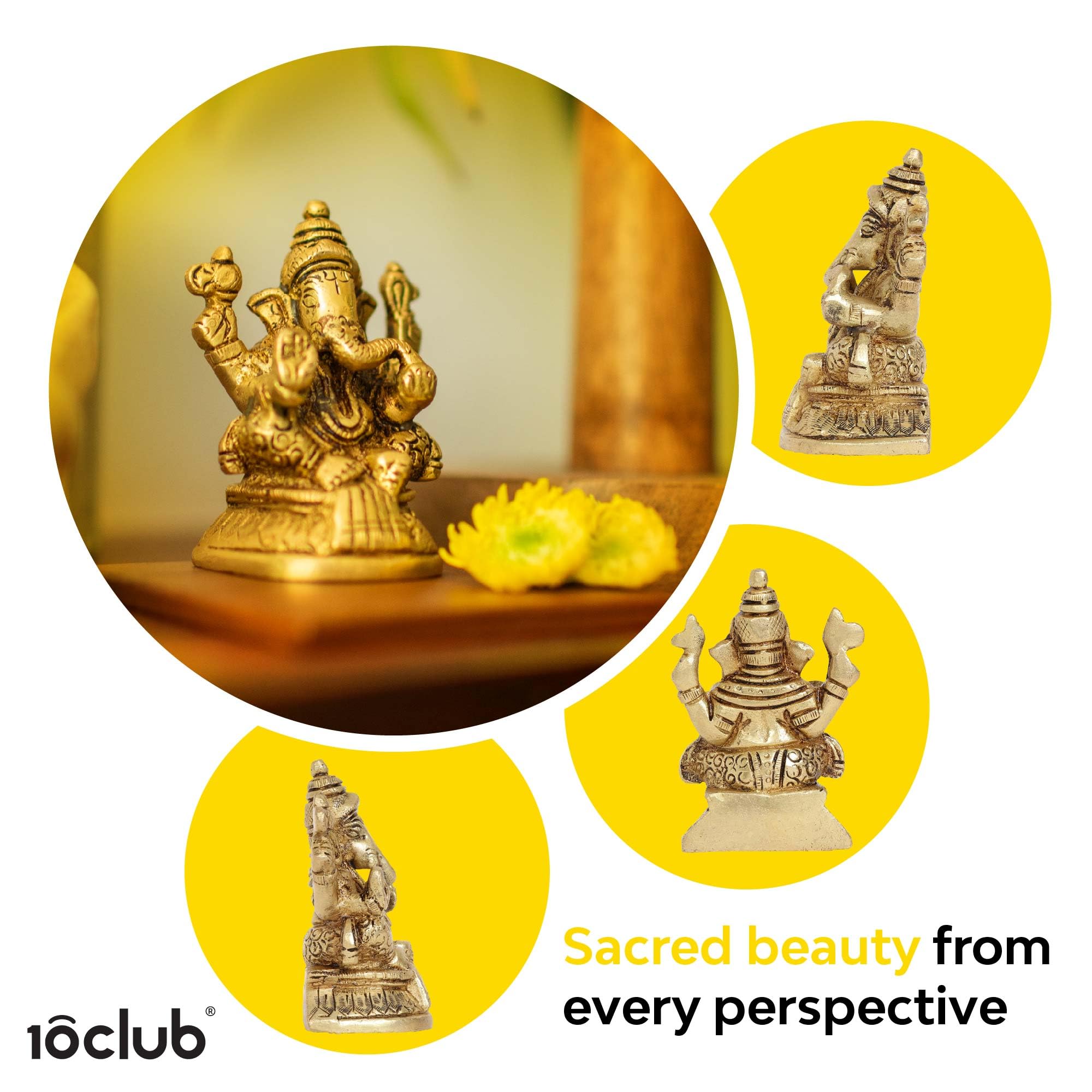 10Club Lord Ganesha Idol - 1Pc (7.6 cm, 300 Grams) - 100% Pure Brass | Mandir Ganesh Idol (Murti) For Desk, Car, Home Decor and