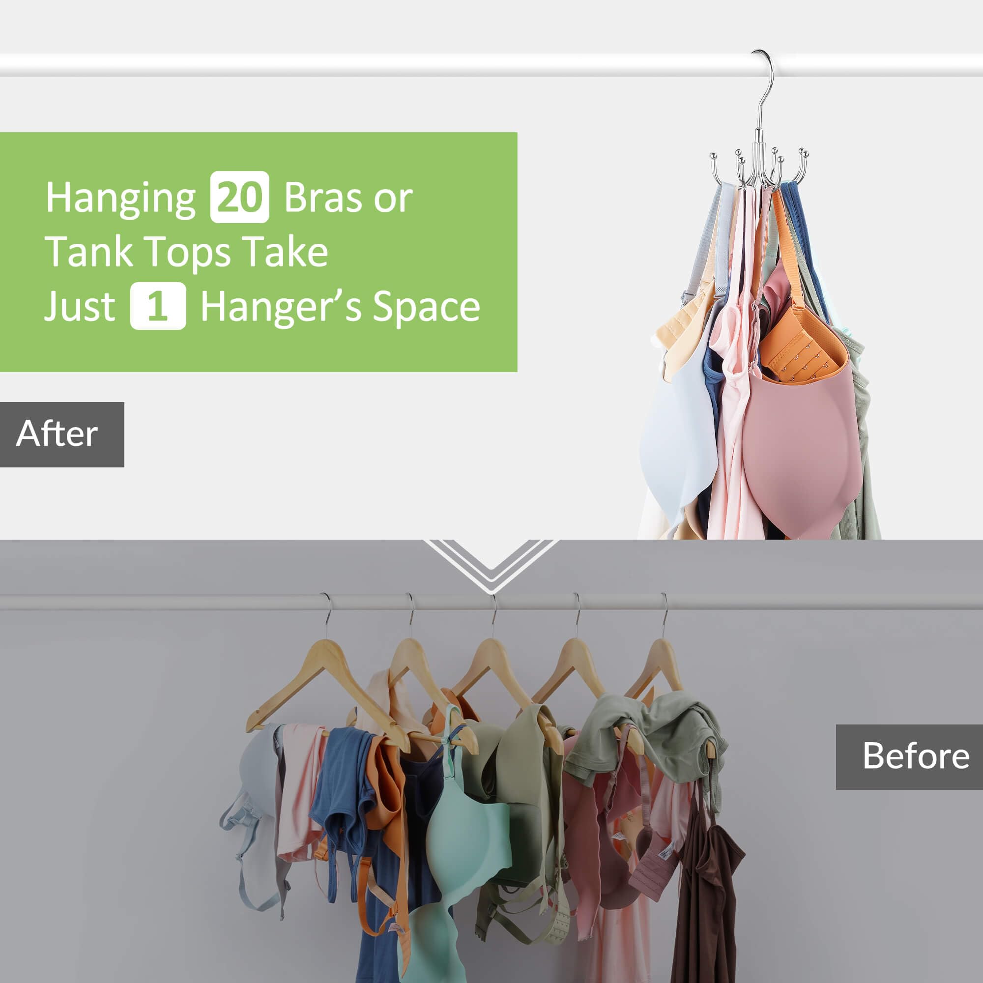 Omhomety Bra Hanger For Closet, Tank Top Organizer, Max 24 Capacity Rotatable Metal Space Saving Hanger Sport Bra Storage, Silve