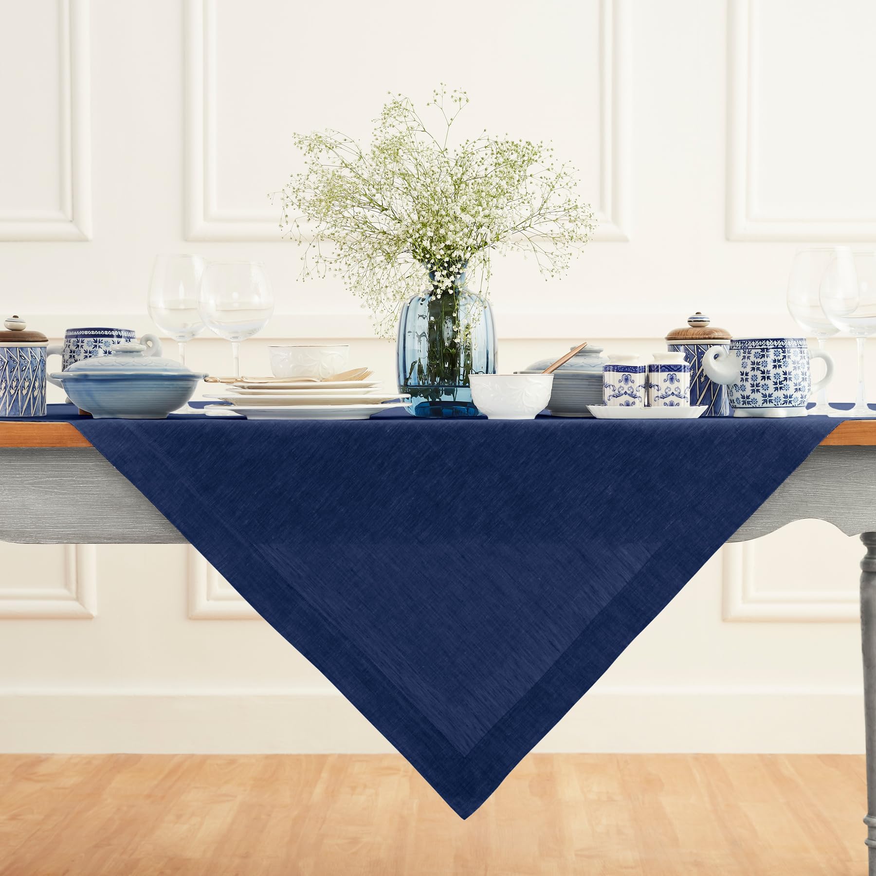 Solino Home Linen Tablecloth 52 X 52 Inch - Royal Blue 100% Pure Linen Table Throw - Handcrafted And Machine Washable - Athena