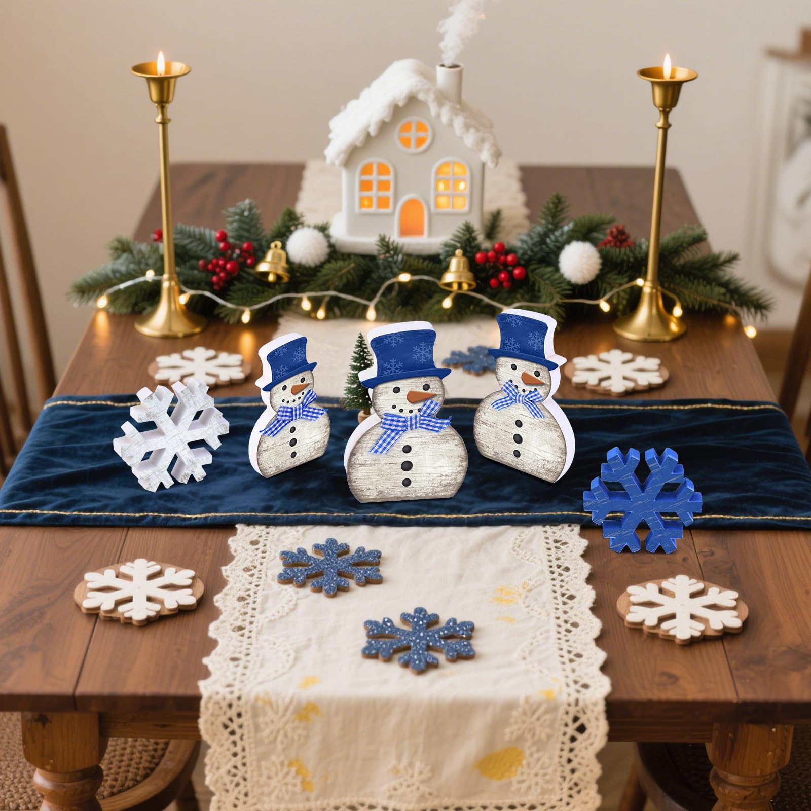 Yousoontic 5 Pcs Snowman Christmas Table Decor Winter Decorations for Home Blue White Snowman Snowflake Tiered Tray Decor Christ