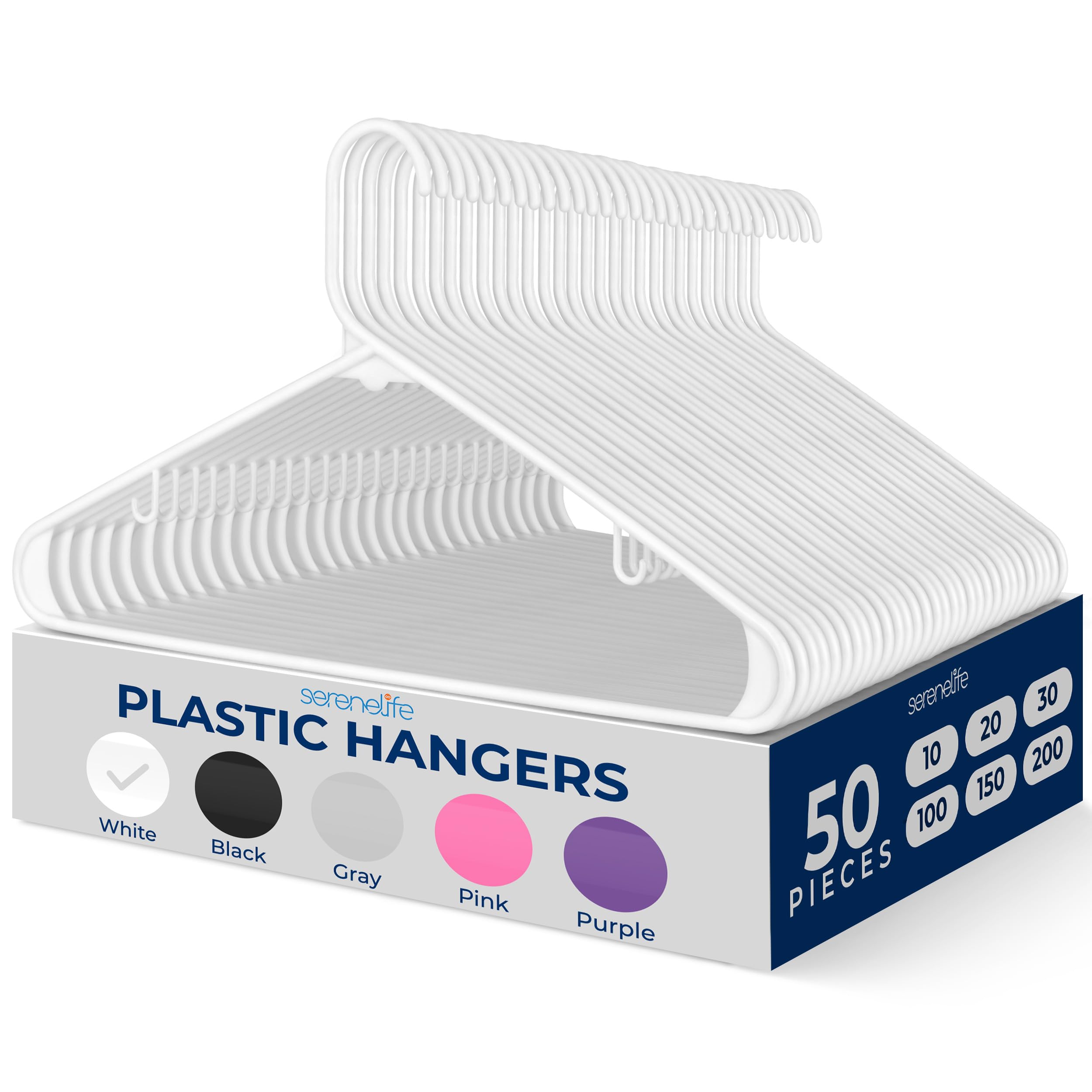 SereneLife White Standard Plastic Hangers - Space Saving Durable Tubular Heavy Duty Clothes Hanger Set Ideal for Laundry/Daily Use  Can Hold Up to 5.5 Lbs. for Coats  Jackets  Pants & Dress (50-Pack)