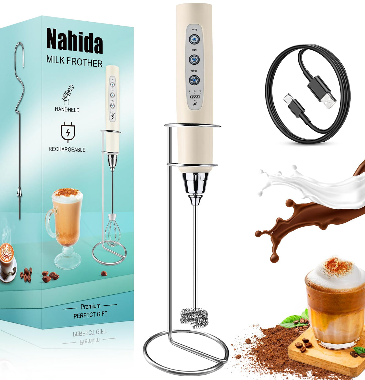 Nahida Beige Milk Frother Wand For Coffee, Frother Handheld With Stand Rechargeable Electric Whisk With 3 Heads 3 Speeds Drink M