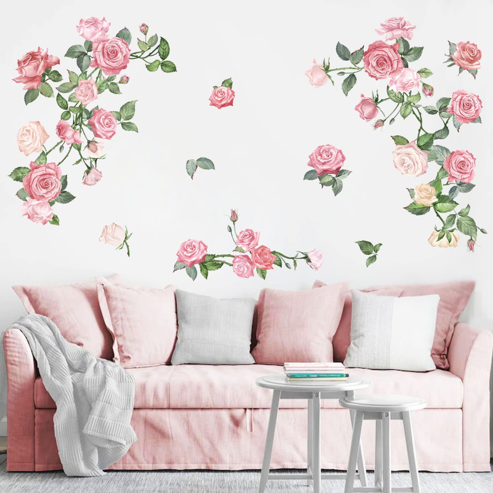 decalmile Pink Rose Flower Wall Decals Floral Vine Wall Stickers Living Room Bedroom Nursery Wall Decor Gifts for Her Mom