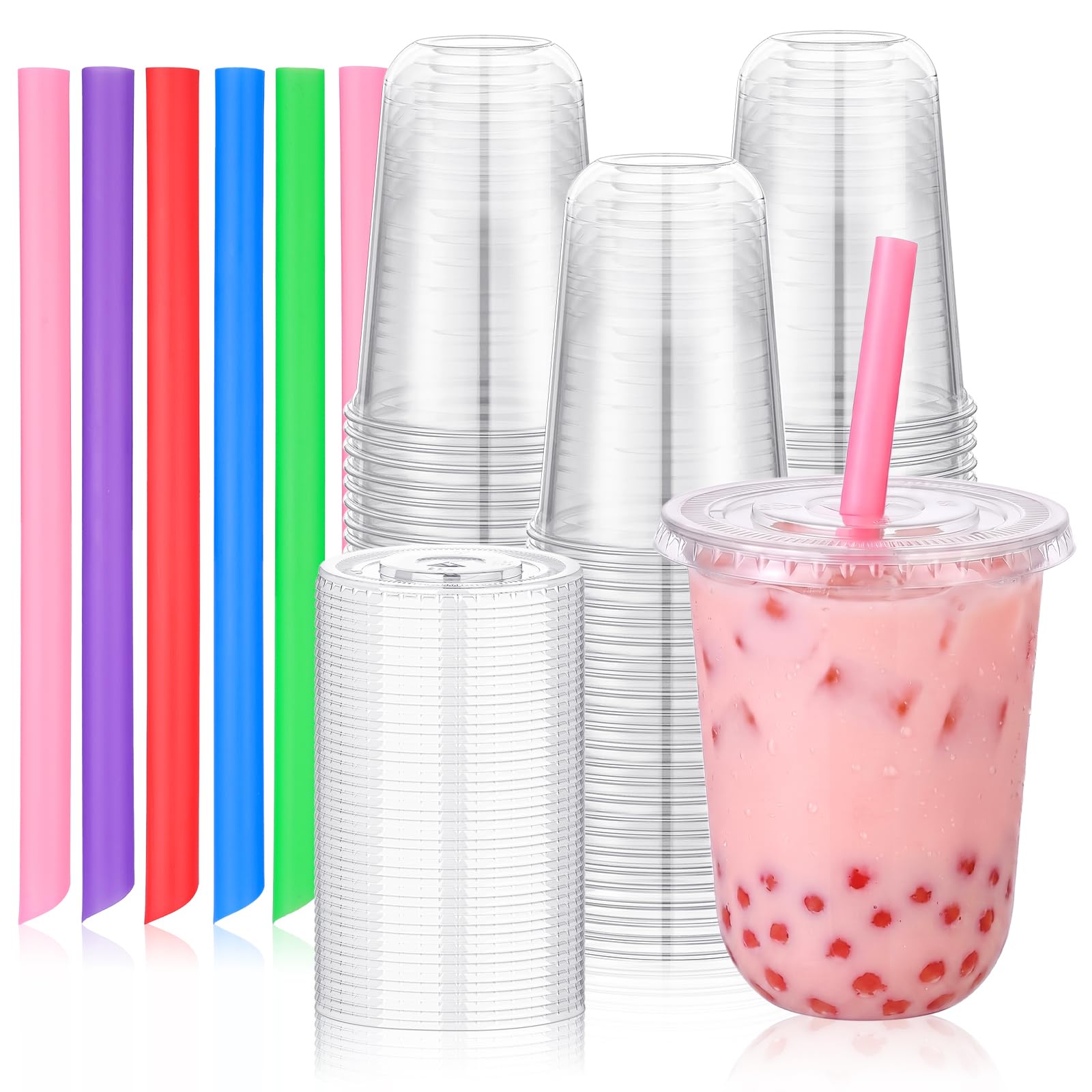 tchrules 100 Sets 16oz Clear Plastic Cups with Lids & Colorful Boba Straws