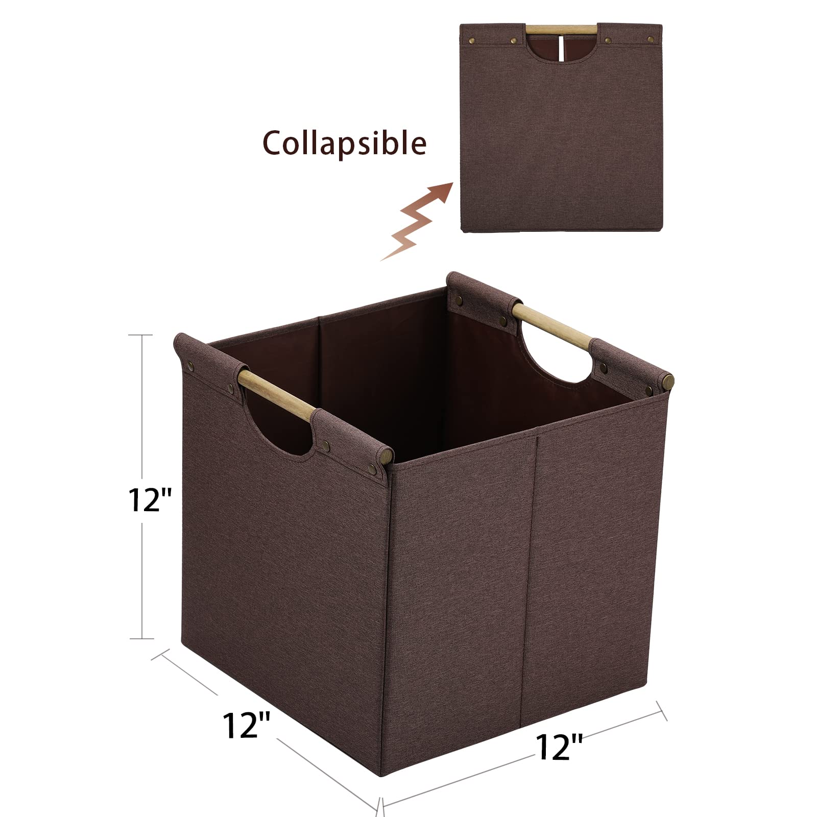 Hoonex Collapsible Storage Bins, 12X12X12In Storage Cubes Linen Fabric, Pack Of 3, Storage Baskets With Wooden Carry Handles And