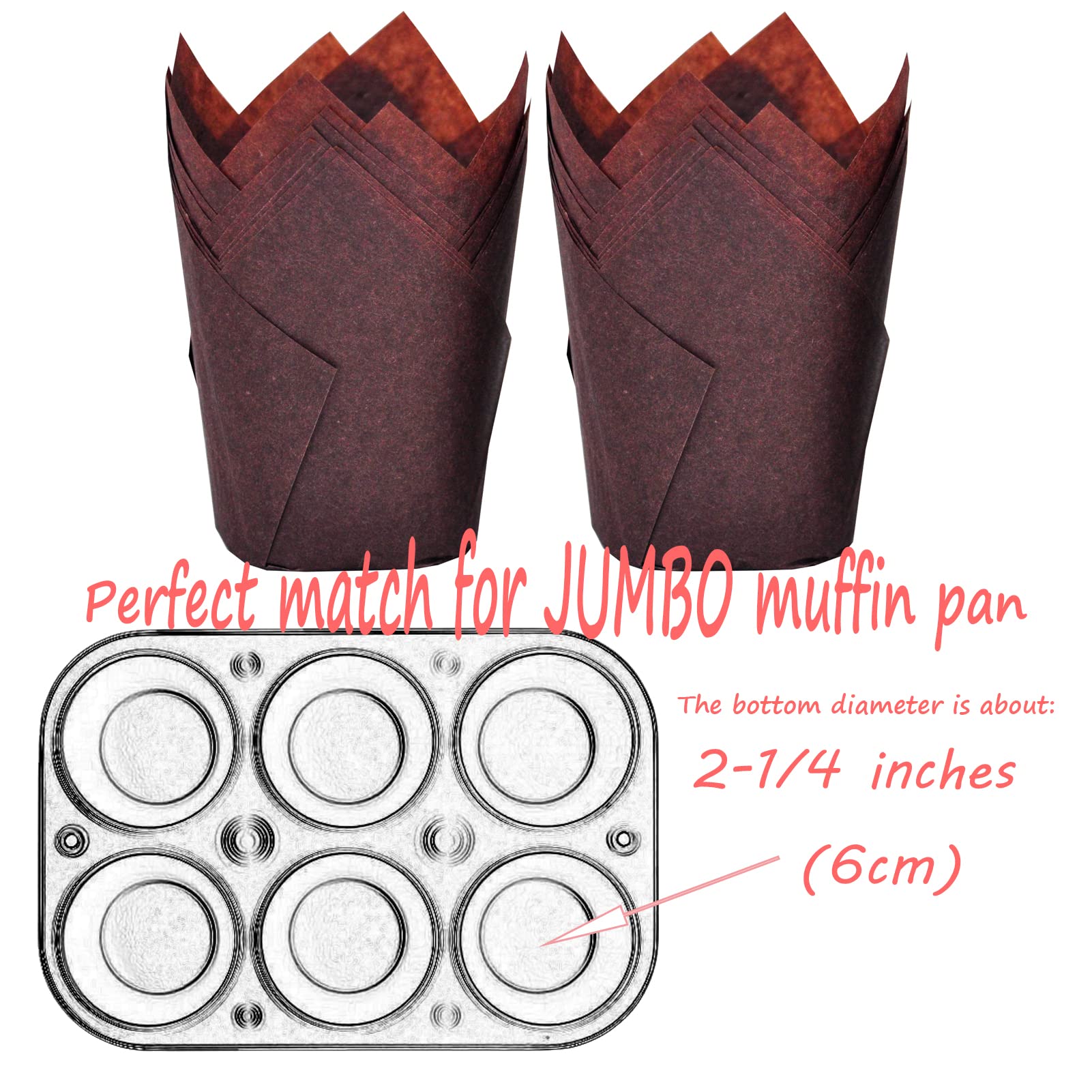 MyBakning Brown Tulip Baking Cups - Extra Large Greaseproof Paper Muffin Liners, 2-1/4" Base Diameter, 4" Wall Height, Case of 130 pcs