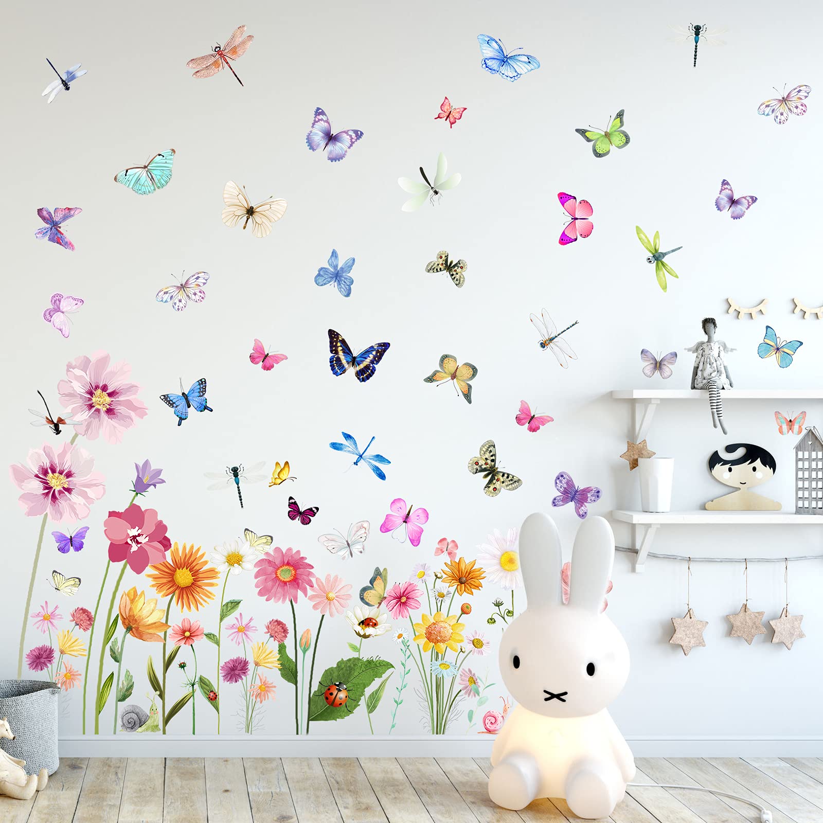 Flowers Butterflies Wall Decals Chrysanthemums Dragonflies Rose Botanical Wall Stickers Fairy Decals Pvc Removable Wall Art Deca