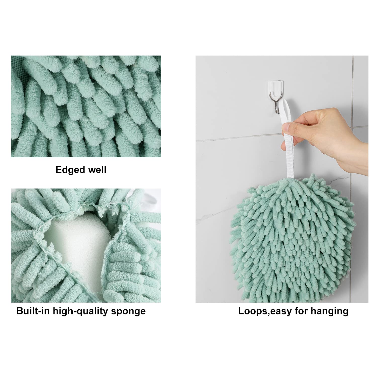 Nulubuu Soft Absorbent Chenille Ball Towel Sets, Quick Dry Hand, Towels For Bathroom/Kitchen Pack Of 3 (Mint Green+Light Blue+Bl