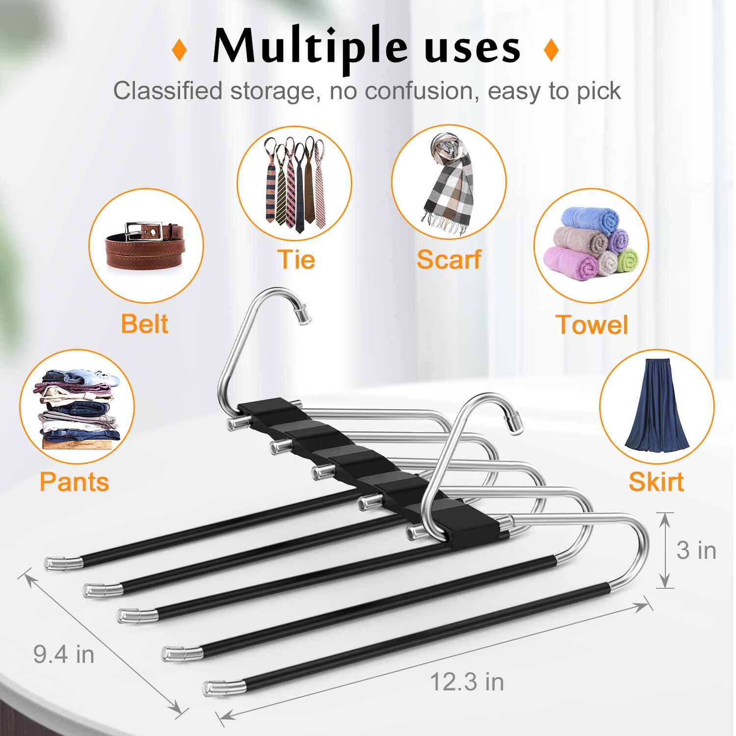 Loretoy 3 Pack Pants Hangers Space Saving, Anti-Slip Multi-Functional Pants Rack, Thickened Stainless Steel Tube With 15 Metal C