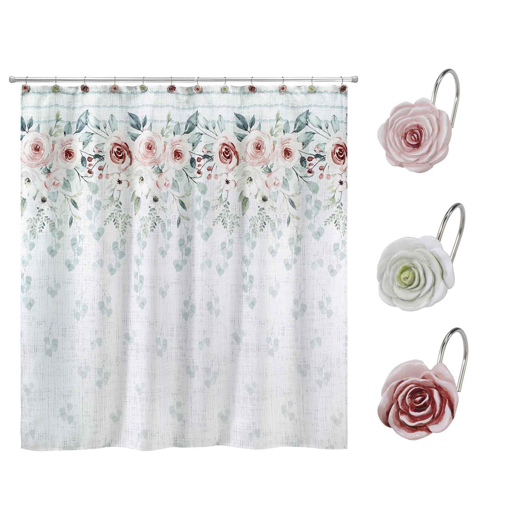 Avanti Linens- Shower Set, Fabric Shower Curtain & 12Pc Curtain Hooks, Durable Bathroom Essentials (Spring Garden Collection)