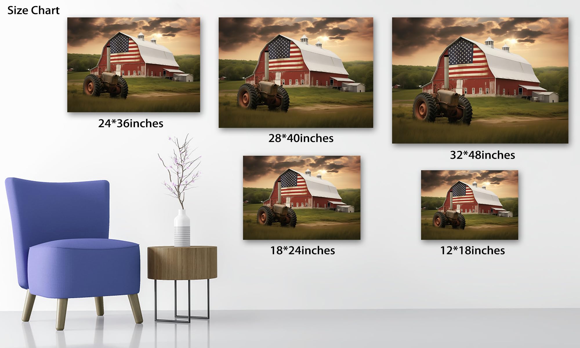 Farmhouse Truck Canvas Wall Art, Old Barn With Usa Flag Pictures Wall Art, Country Vintage Pickup Truck Canvas Prints, Retro Tru