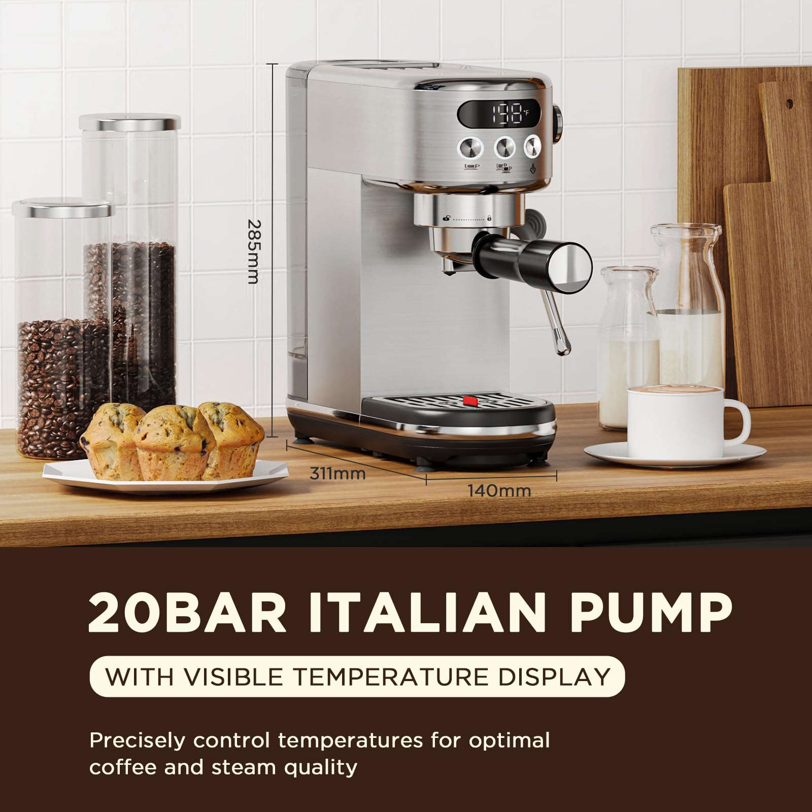 Neretva Espresso Machine 20 Bar, Compact Stainless Steel Coffee Maker with LED Display & Milk Frother, Silver, Model PE3670U