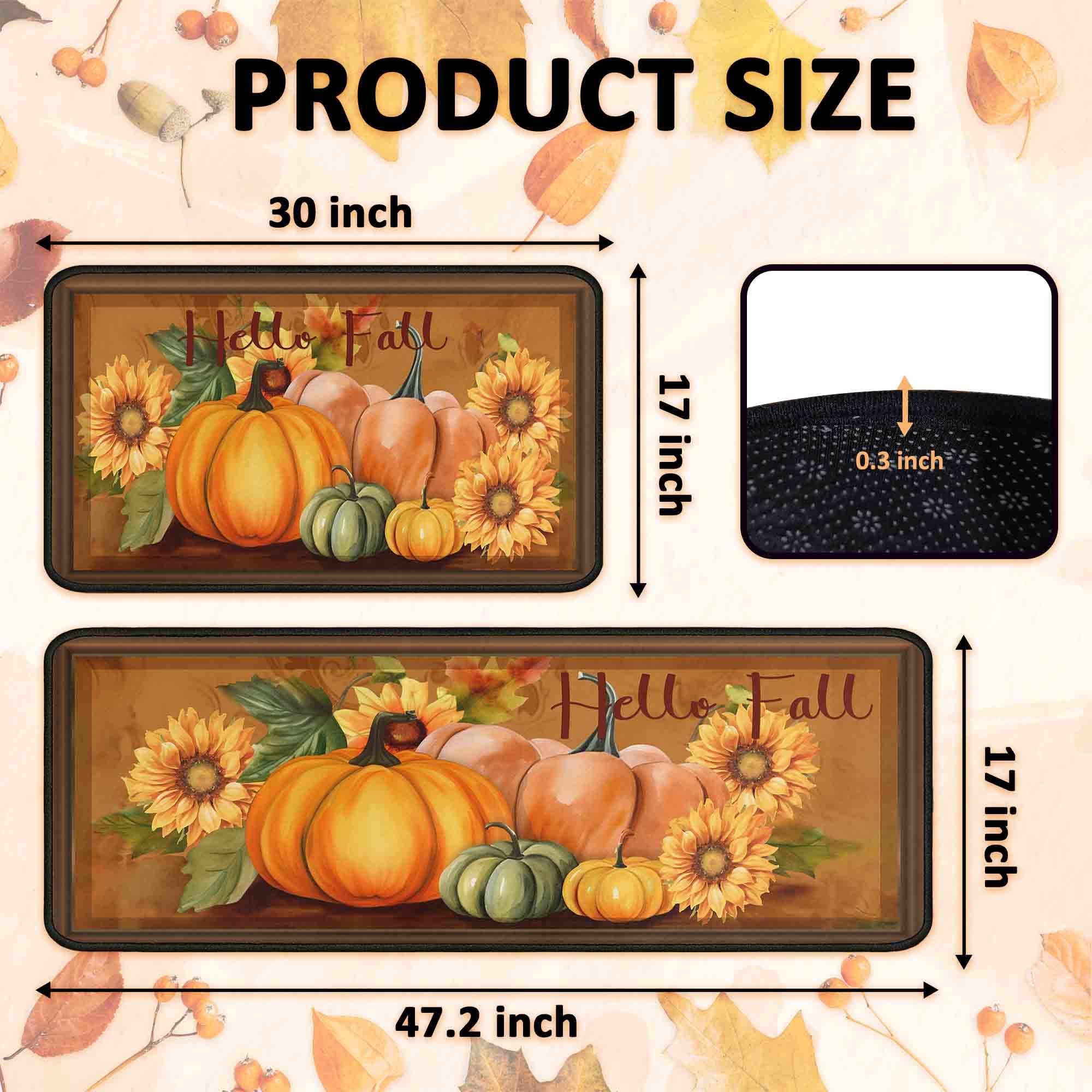 Noulmea Hello Fall Pumpkin Decorative Kitchen Rugs Set of 2,Thanksgiving Autumn Pumpkin Front Door Mat Floor Rug for Fall Home H