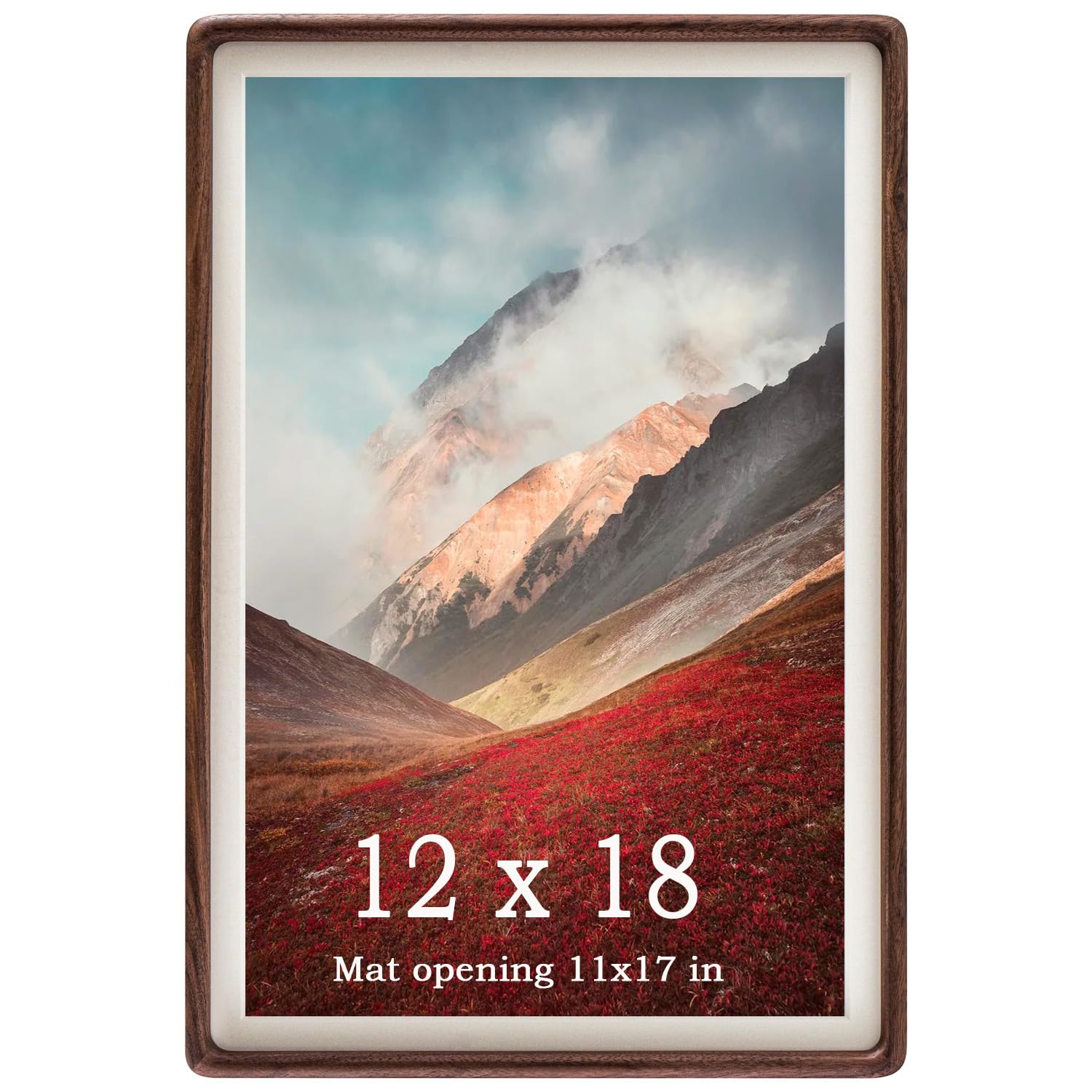 Zibrelte 12x18 Frame Natural, Solid Walnut Wood 12 x 18 Poster Frame with Mat for 11 x 17 Image, Wall Gallery Mounting 18 x 12 I