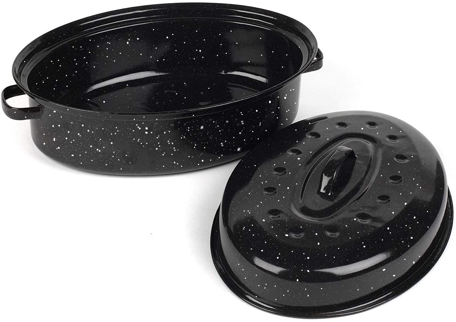 16 Inch Roasting Pan With Lid - Covered Oval Roaster - Enamel Carbon Steel Roaster Pot - Excellent Heat Distribution And Non-Sti