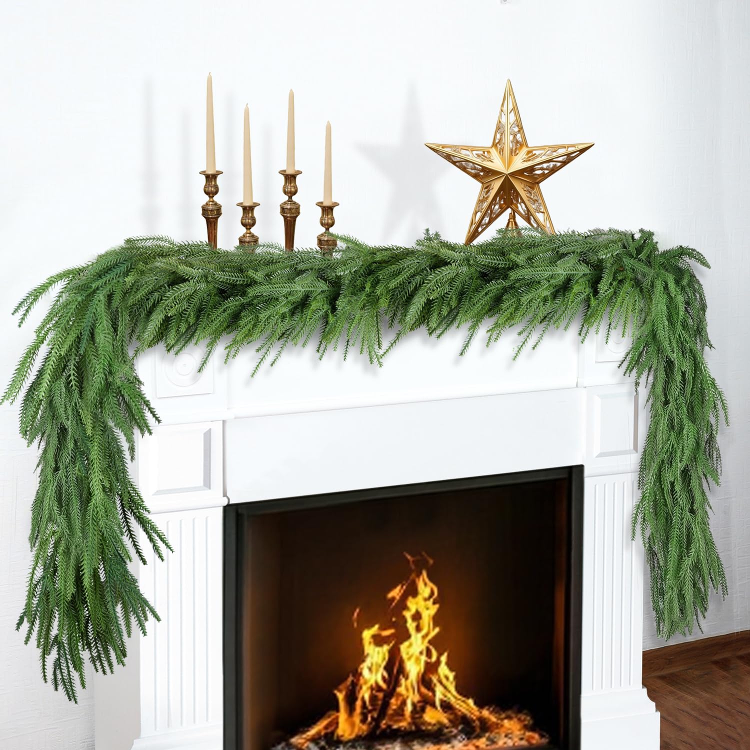 Realistic Norfolk Pine Garland Christmas Garlands, SAREAL 9ft Artificial Faux Greenery Garland for Christmas Festive Holiday Dec