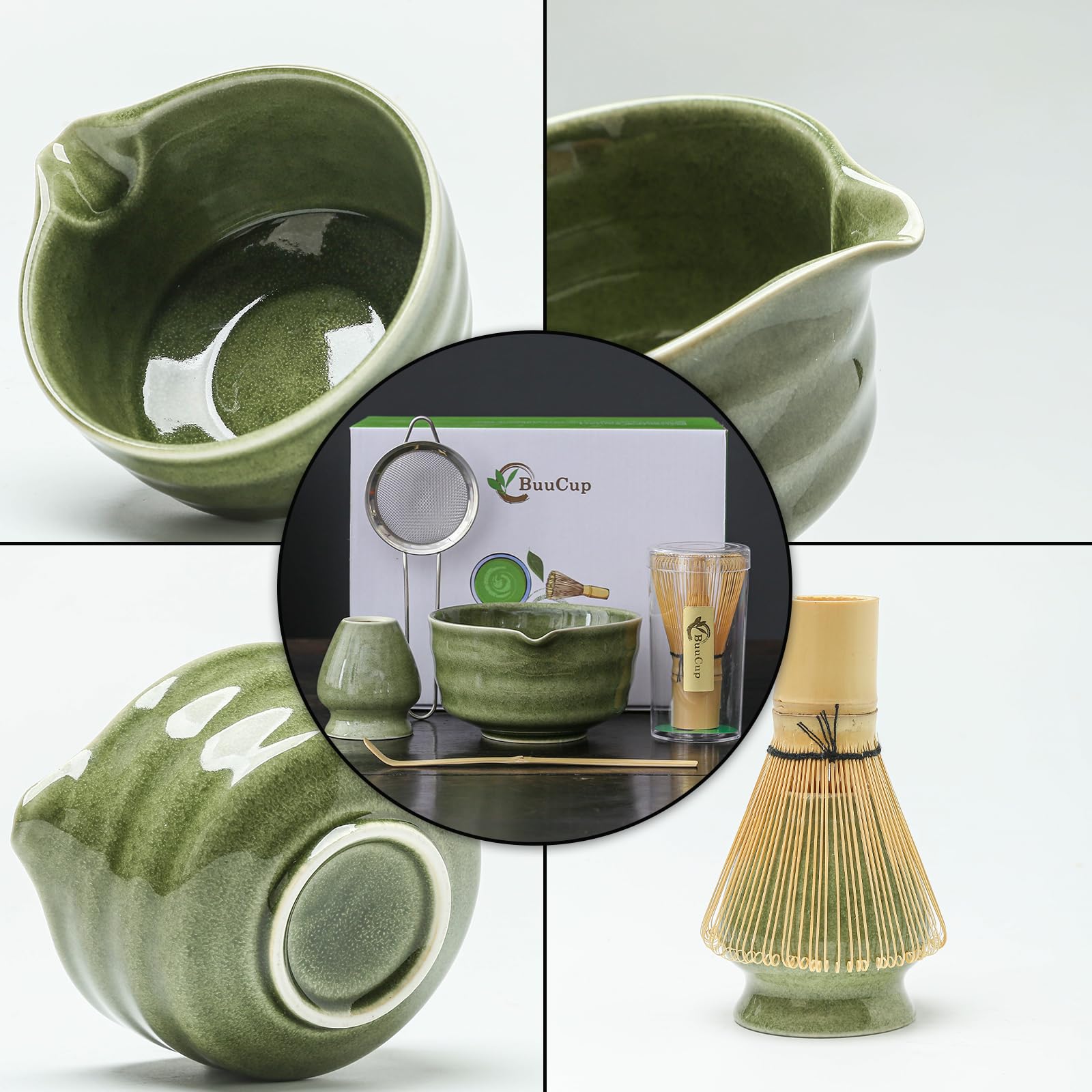 Buucup Matcha Whisk Set, Matcha Bowl With Spout, Matcha Whisk And Holder, Bamboo Matcha Scoop And Stainless Sifter - 5 Pcs Jade