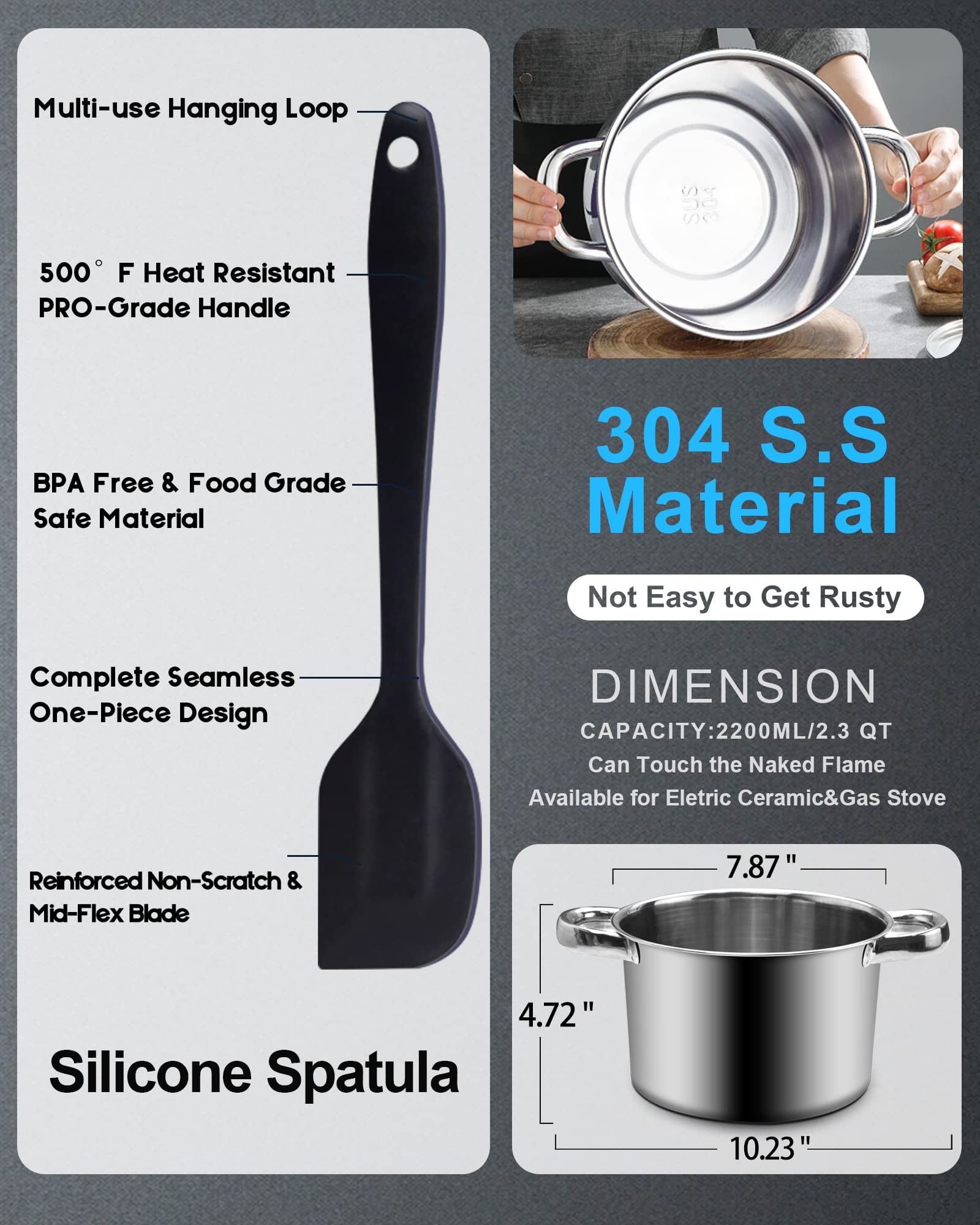 Double Boiler Pot Set,1200Ml Double Boiler For Chocolate Melting, 2800Ml 304 Stainless Steel Pot With Silicone Spatula For Melti