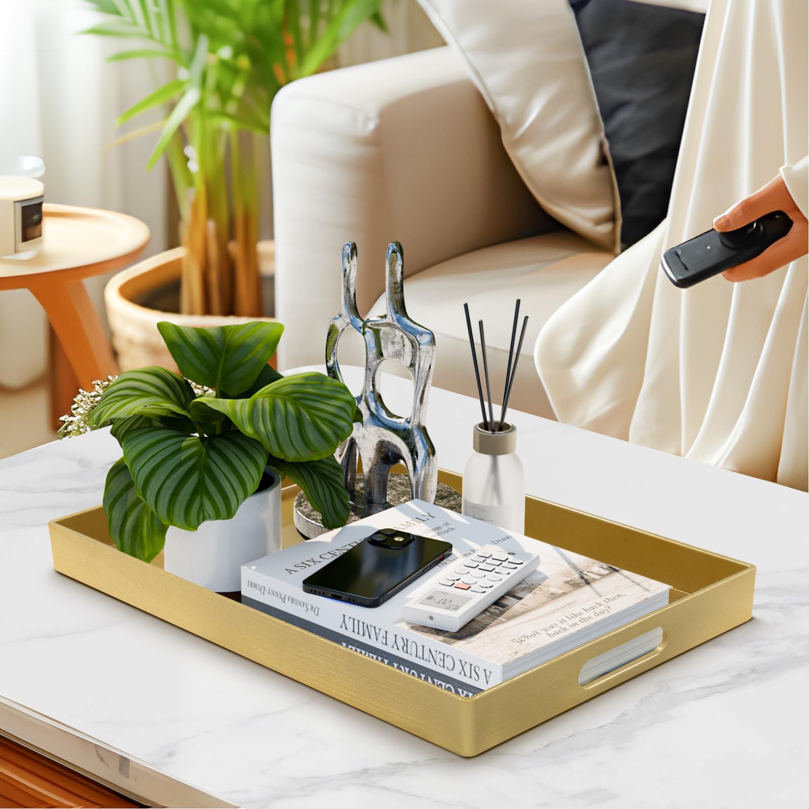 Maoname Modern Gold Decorative Tray With Handles, Gold Leaf Serving Tray For Coffee Table, Rectangle Bathroom Decor Tray, 15.8''