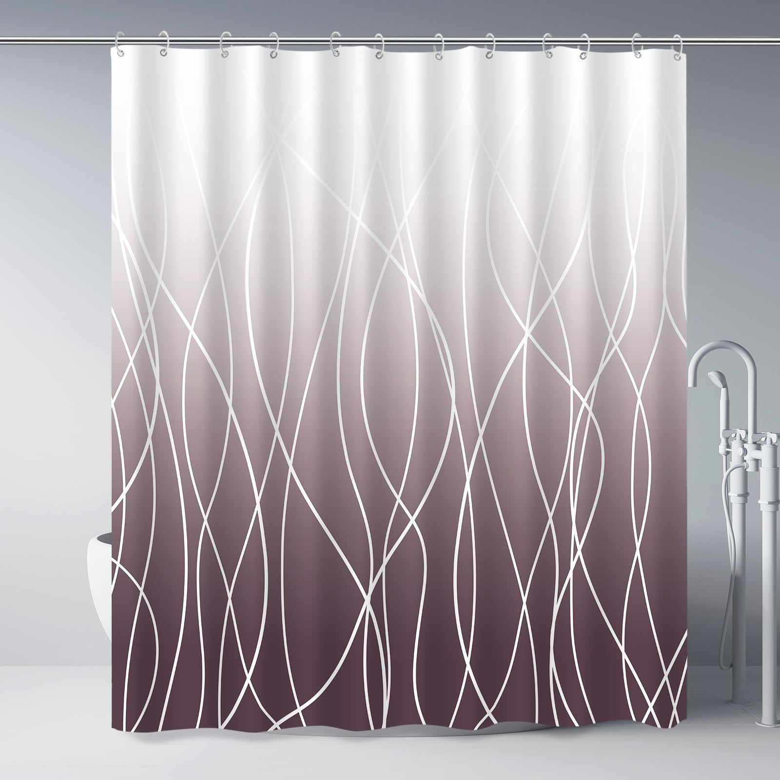 Punkray Burgundy Striped Fabric Shower Curtain For Bathroom With 12 Hooks, Shower Curtains For Bathroom, Waterproof Bath Accesso