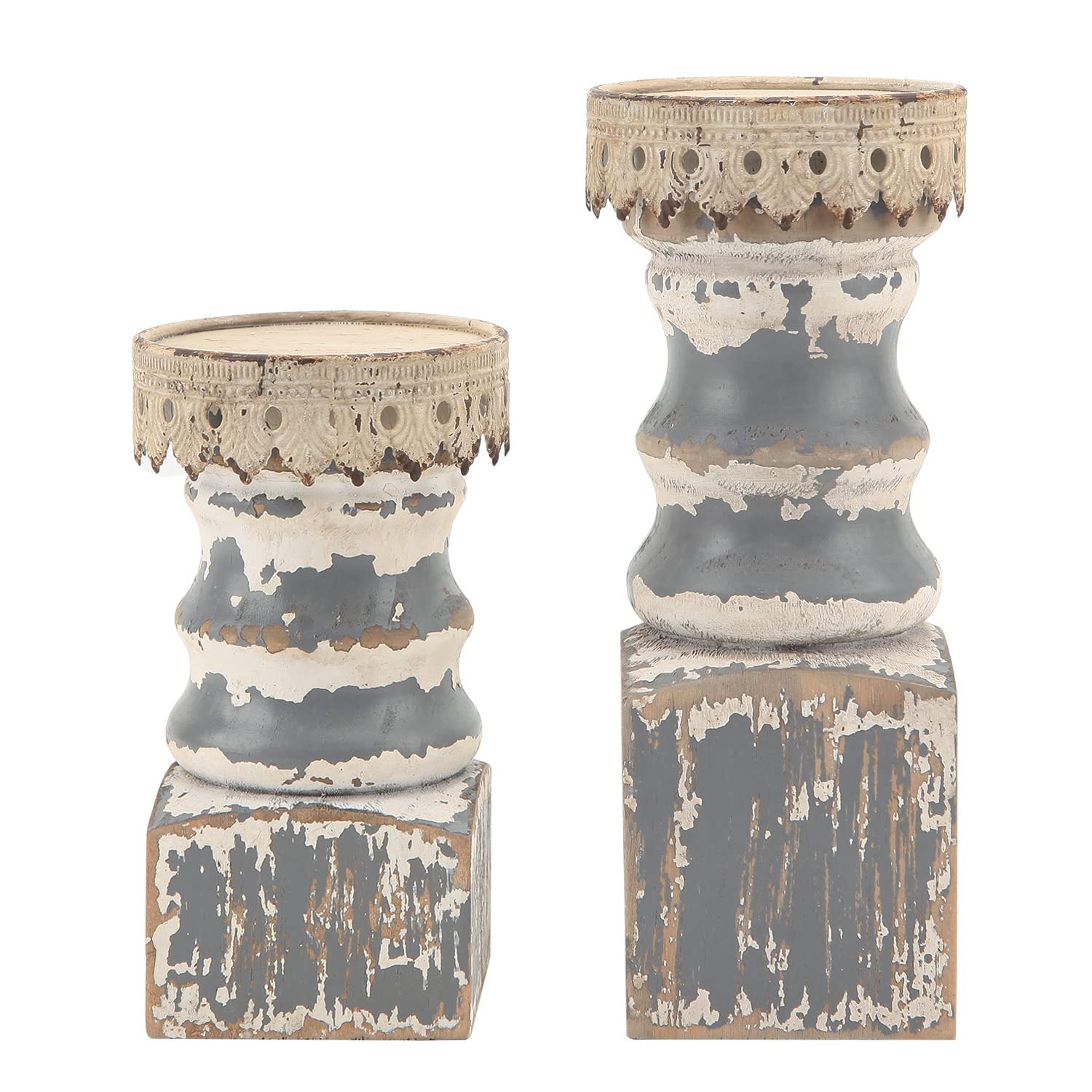 NIKKY HOME Farmhouse Pillar Candle Holder Set of 2 - Rustic Wood Decorative Candlesticks Pedestal, Centerpieces Decor for Firepl
