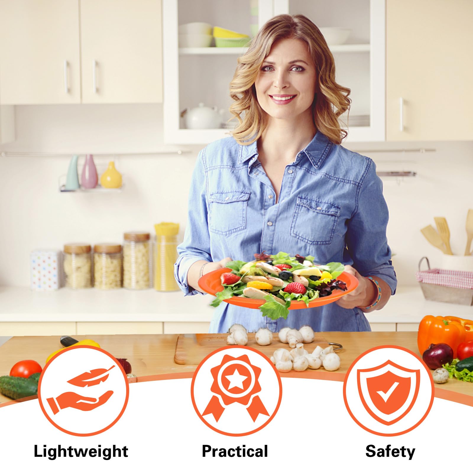 Bonsiny 50 Count Orange Plastic Plates Disposable 10'' X 12'' - Oval Plastic Dinner Plates For Birthday Wedding Picnic Valentine