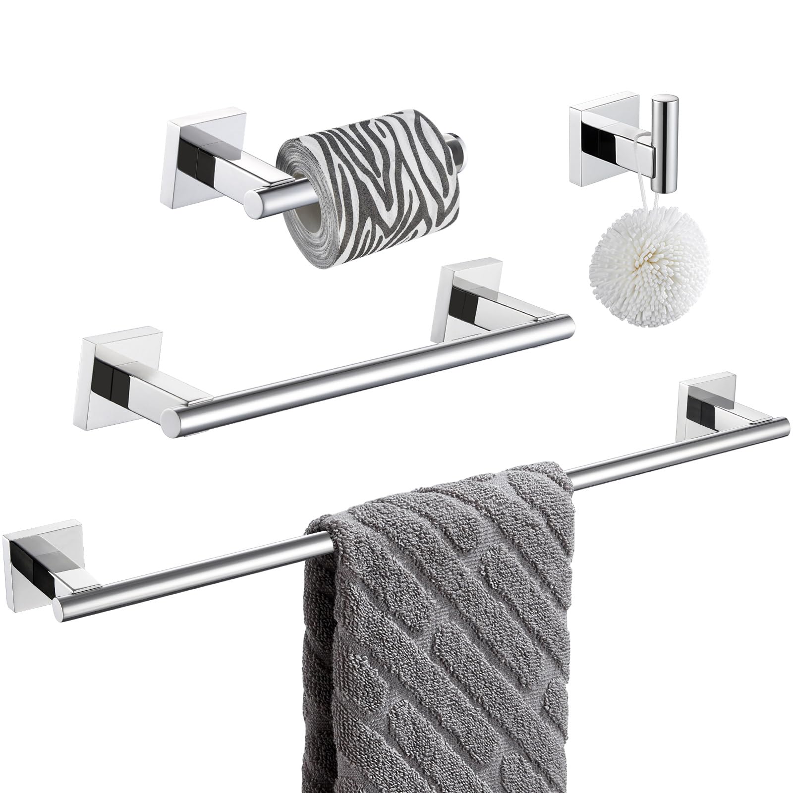Suyar Bathroom Accessories Set Polished Chrome, Sus 304 Stainless Steel Bathroom Hardware Set 4 Pieces, Include Robe Hook, Toile