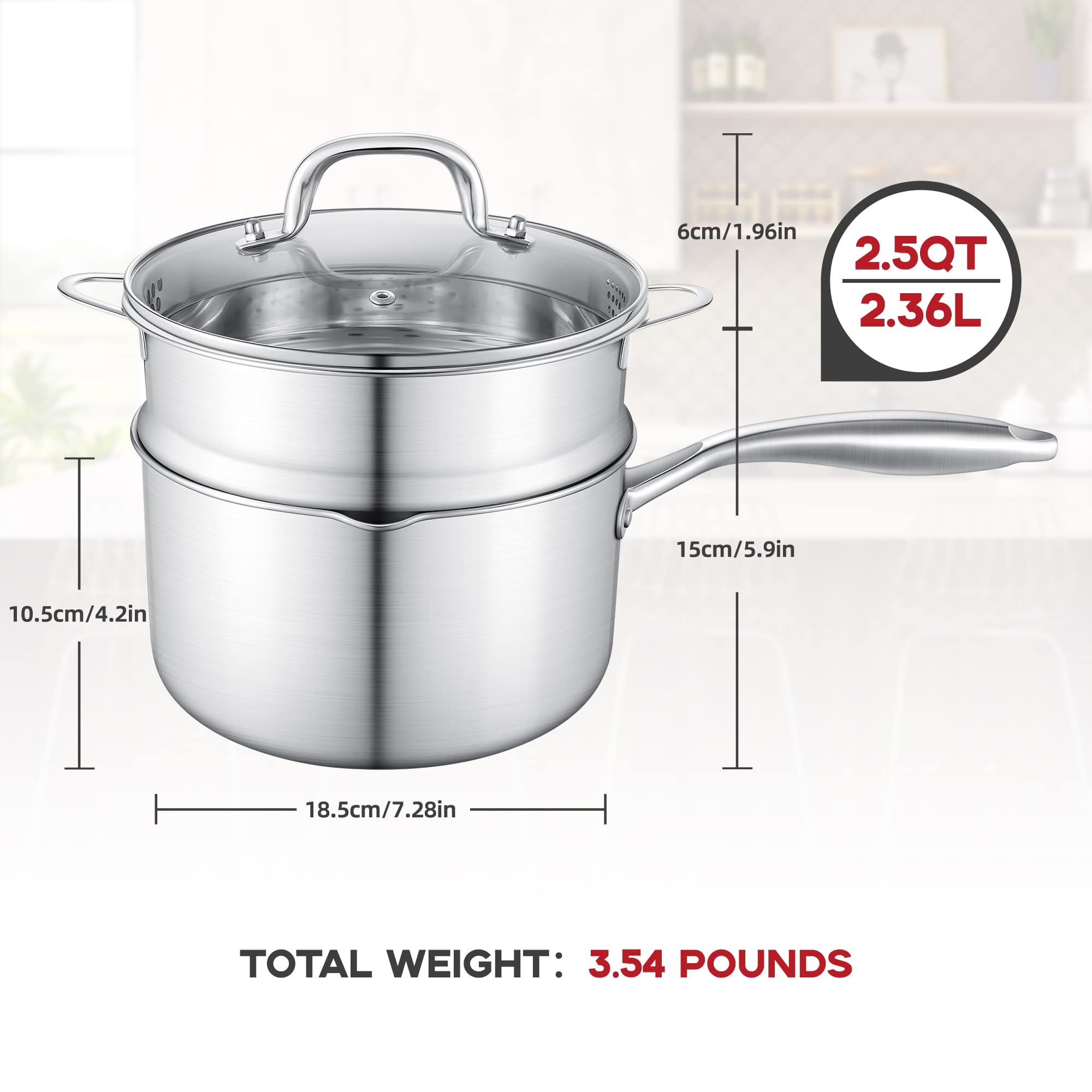 Buttermelt 2.5 Quart Stainless Steel Saucepan With Steamer Basket, Tri-Ply Full Body, Multipurpose Sauce Pot With Two-Size Drain