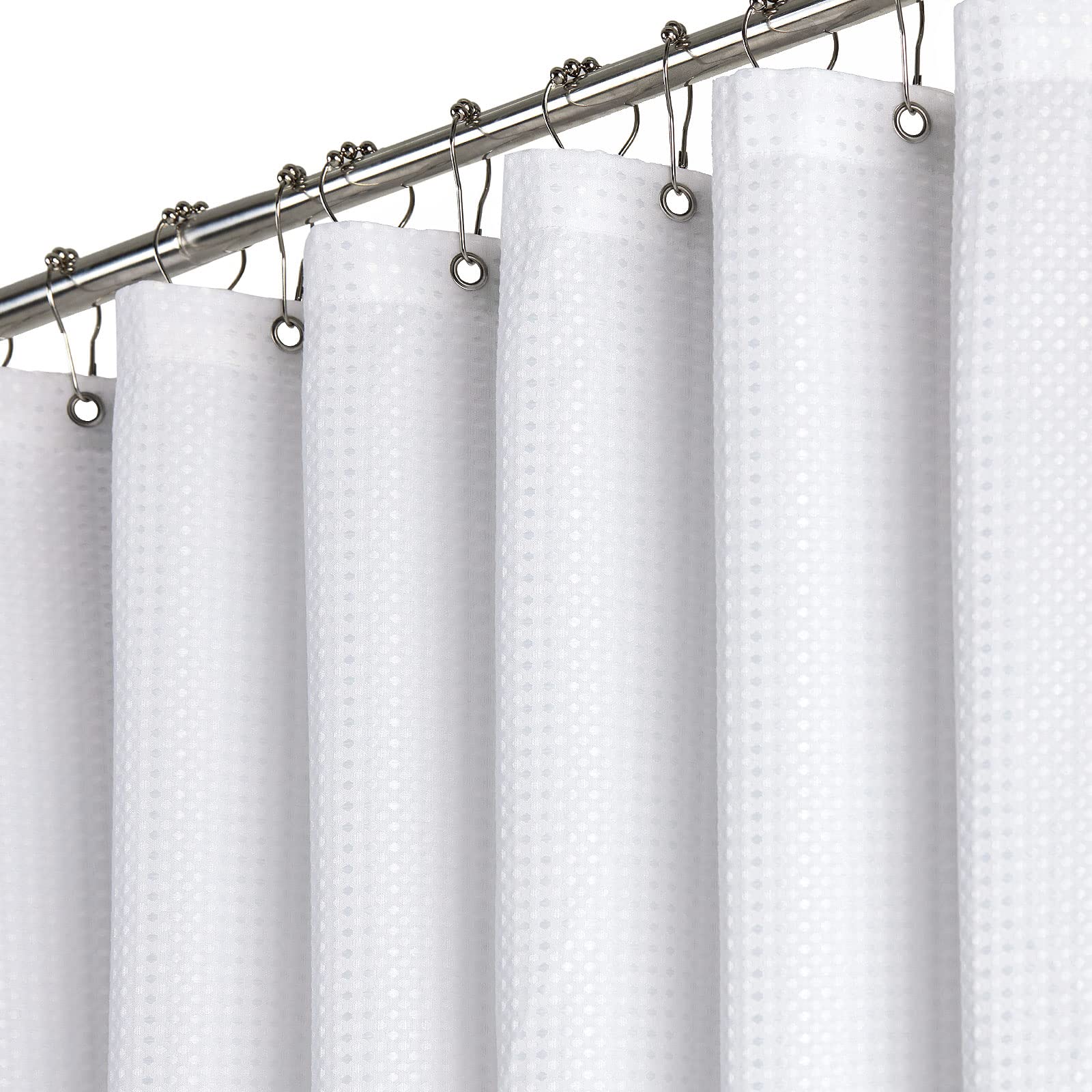 Dynamene White Fabric Shower Curtain  Waffle Weave Heavy Duty Hotel Luxury Cloth Shower Curtains for Bathroom  72 Inch 256GSM Weighted Bath Curtain Set with 12 Plastic Hooks 72x72