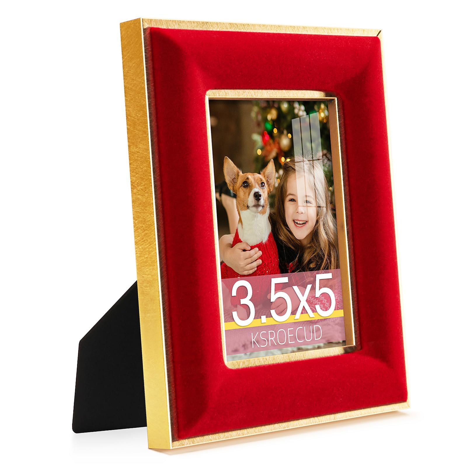 KSROECUD 3.5x5 Velvet Picture Frame, Red Photo Frames with Modern Simple Metallic Gold Border, HD Real Glass Horizontal & Vertic