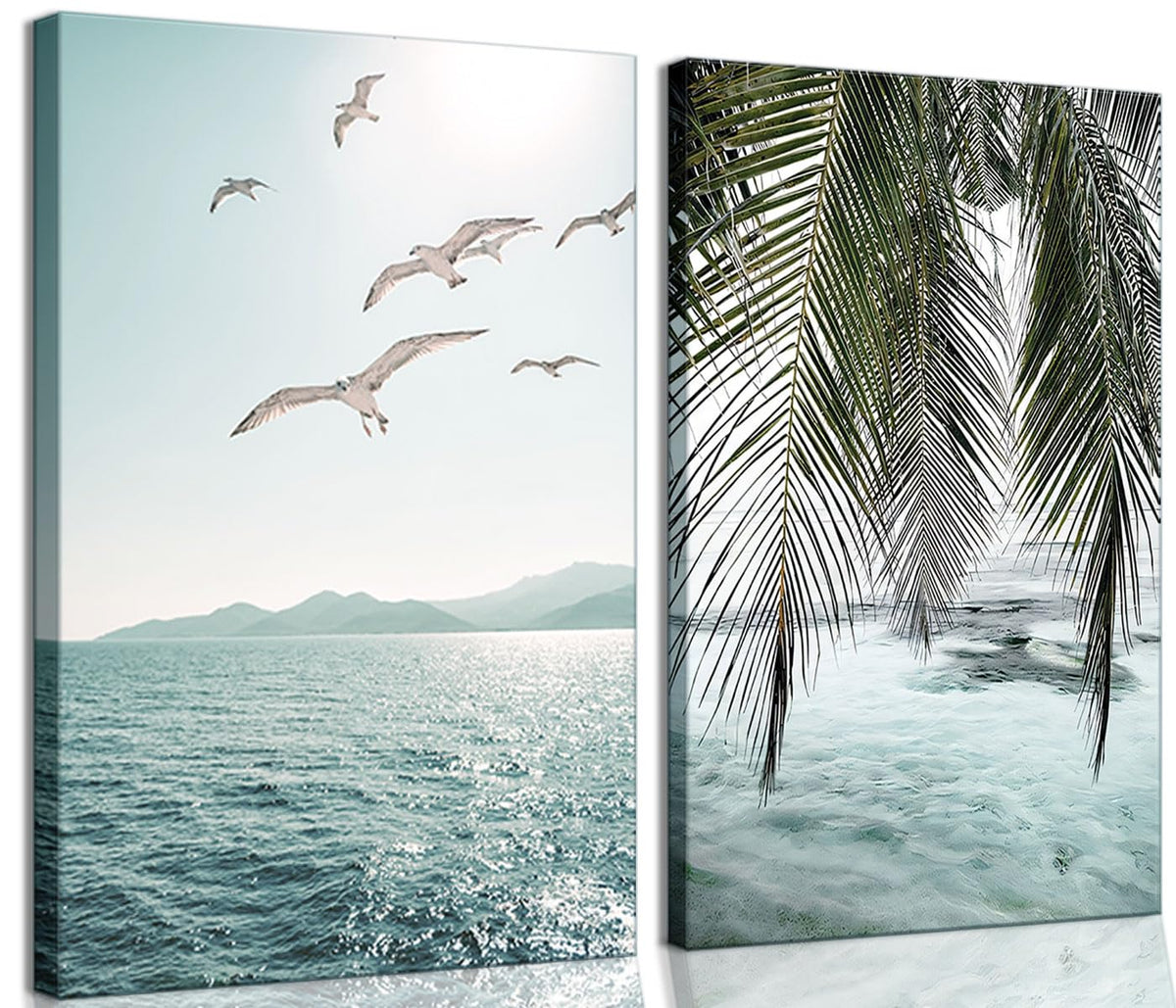 Framed Ocean Wall Art Beach Tropical Prints Bathroom Decor Canvas Turquoise Seascape Mint Green Paintings Coastal Pictures Palm