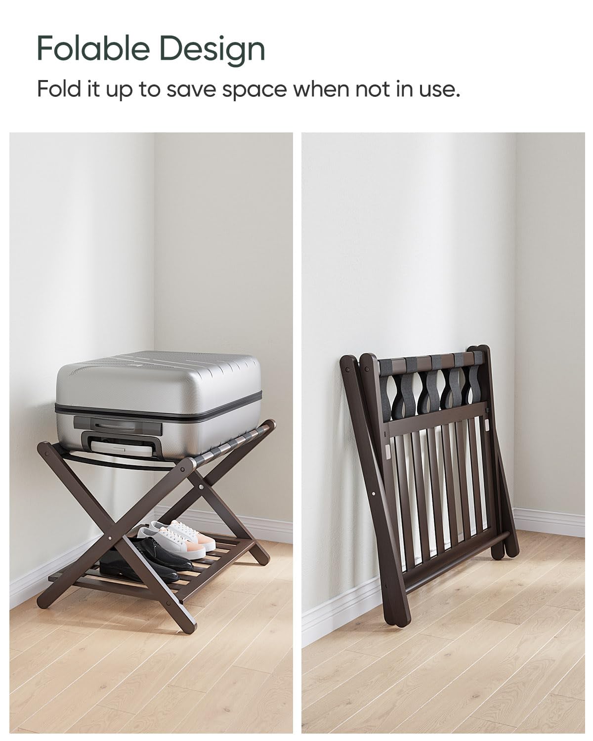 Smart Fendee 2 Packs Fully Assembled Brown Bamboo Luggage Racks, 5 Straps Folding Suitcase Stand With Shoe Shelf, Heavy Duty, Ho