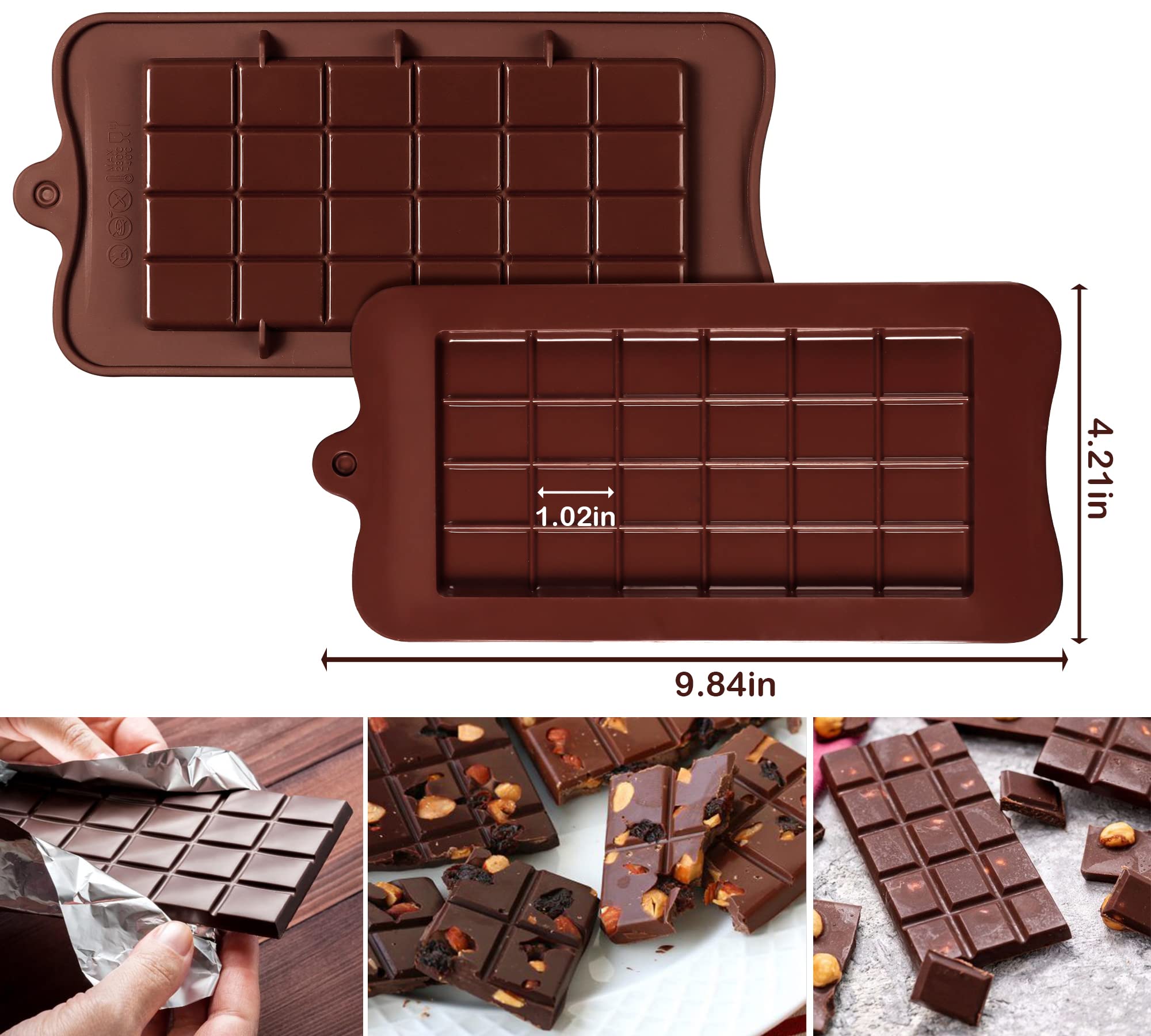 Sidosir 4Pcs Deep Chocolate Bar Molds, Break-Apart Chocolate Silicone Candy Mold For Birthday Cake Decorating(2Pcs Deep Chocolat