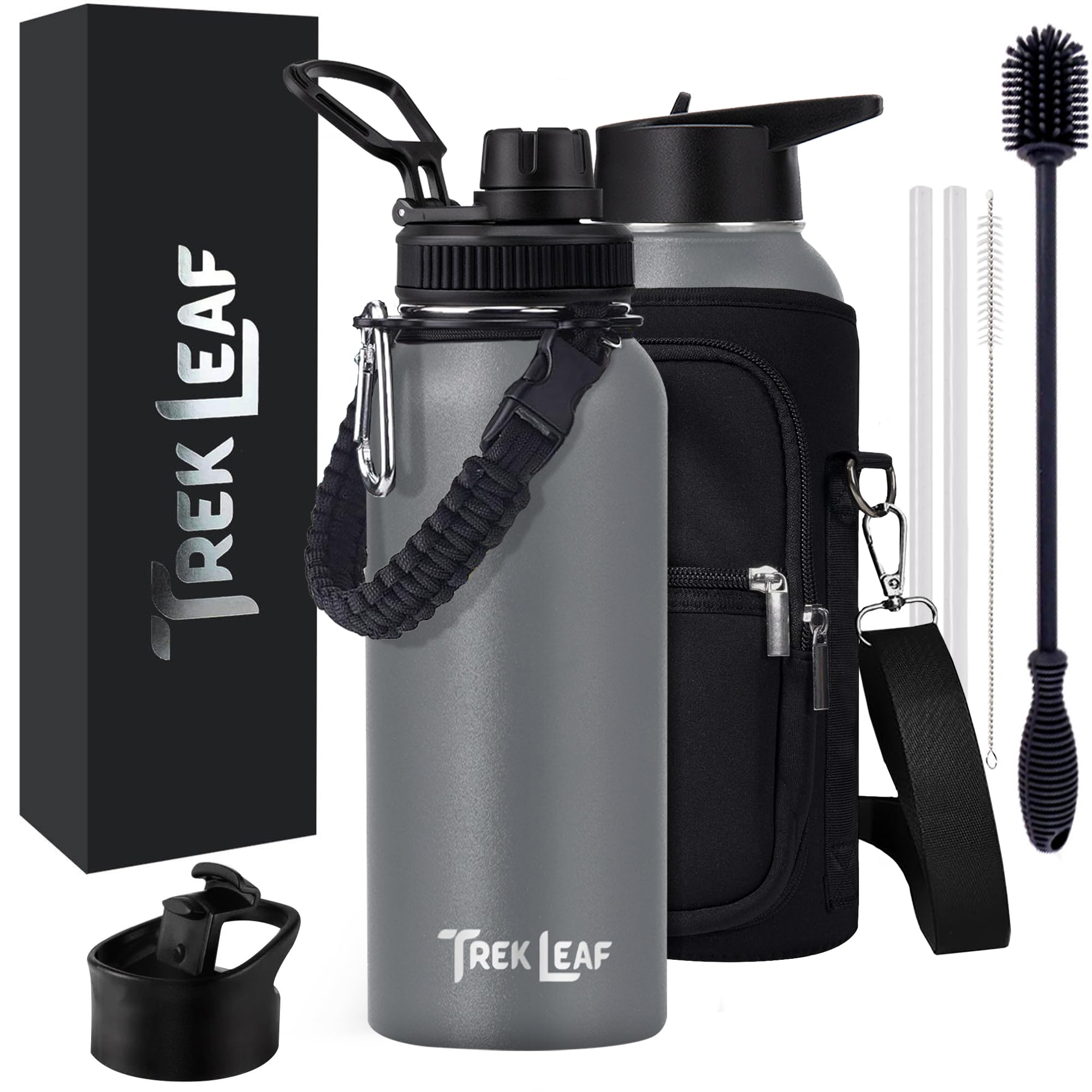 Trek Leaf Travel Water Bottle with 3 Lids (Spout, Straw, Flip) Leak Proof, Quality, Vacuum Insulated, Stainless Steel (Gray, 32 