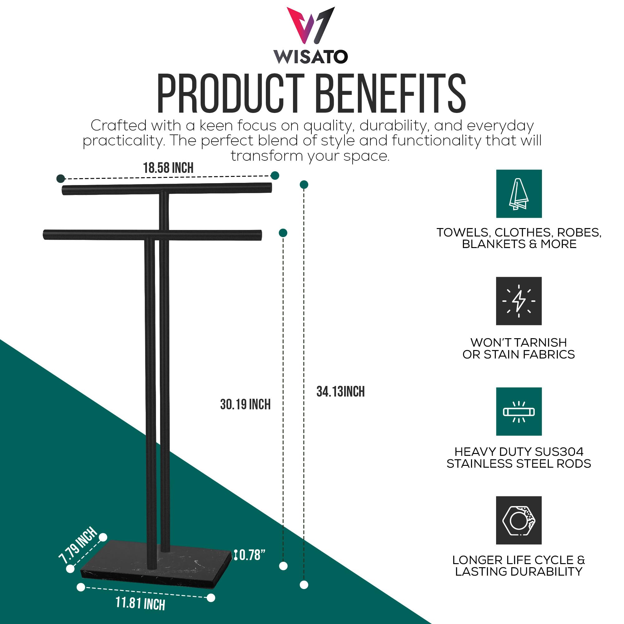 Wisato - Free Standing Towel Rack For Bathroom - Matte Black Finish - Stand Alone 2 Tier Stainless Steel Towel Rack For Bathroom