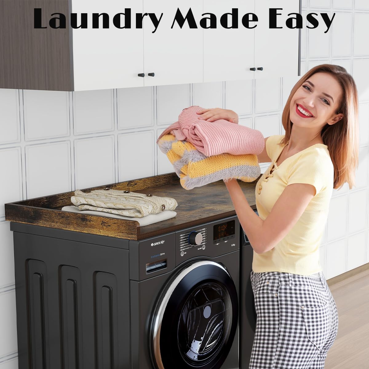 Dooloric Washer Dryer Countertop, Laundry Wood Shelf Topper With Edge, 27.6'' Depth X 54'' Width Cover Guard Organizer For Washe