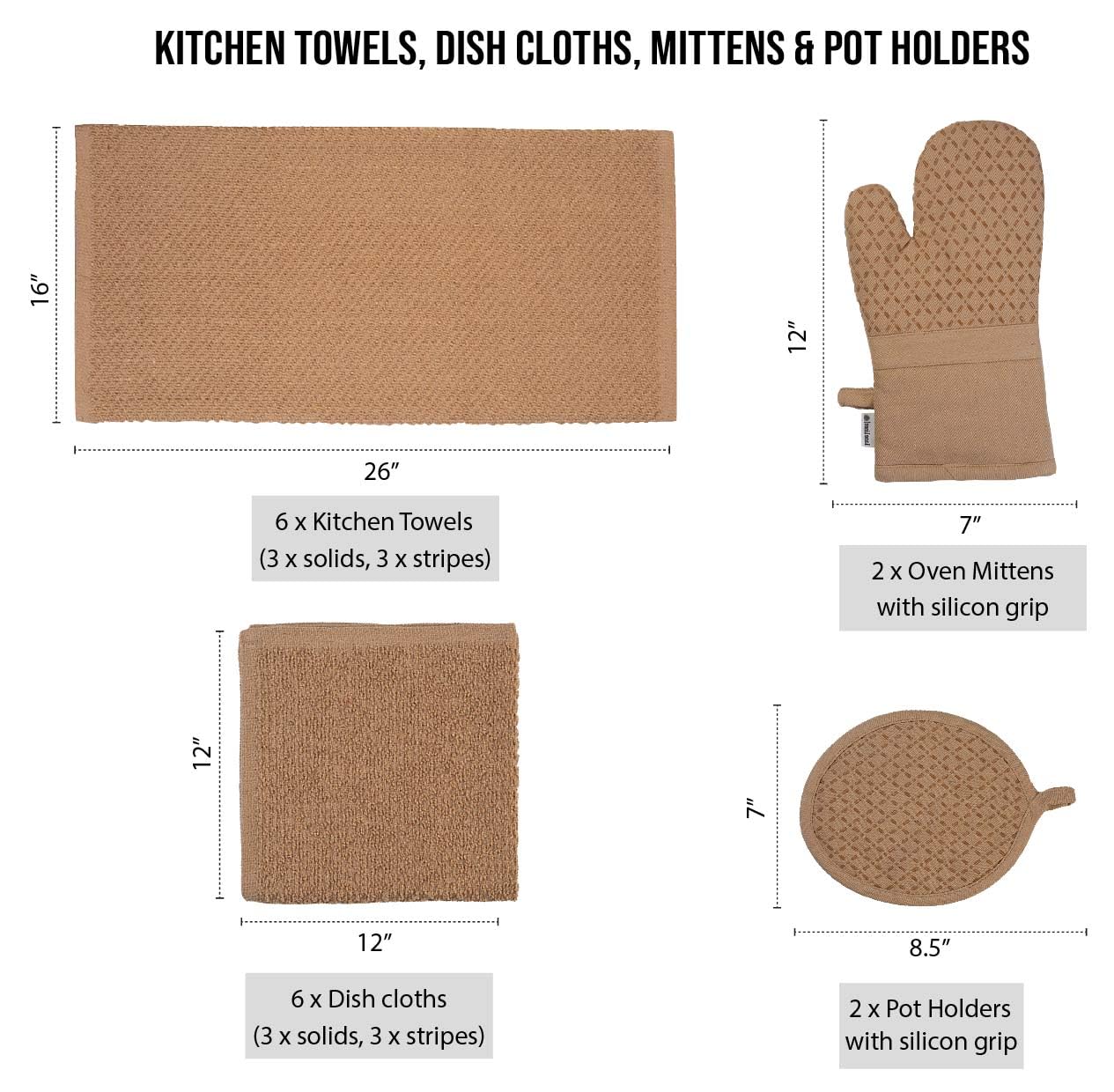 LANE LINEN 16 Piece Dish Cloths Set - 100% Cotton, Heat Resistant Mittens and Pot Holder Set, Reusable Dish Rags for Washing, Ab