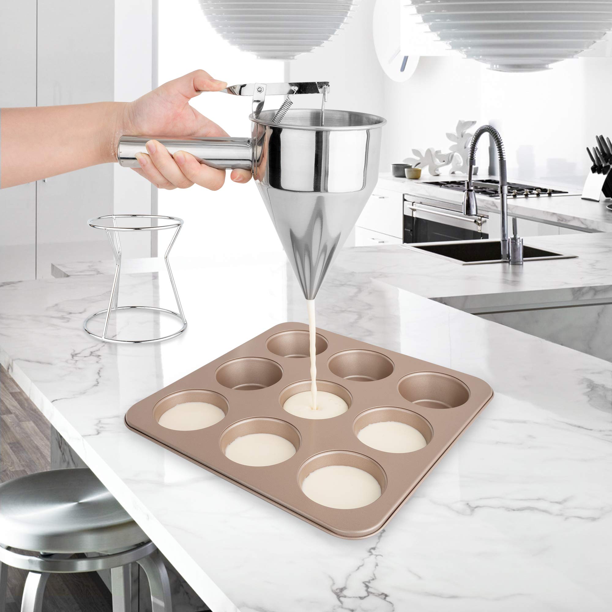 EgieMr Stainless Steel Pancake Batter Dispenser Funnels with Stand Great for Cupcakes  Takoyaki or Any Baked Goods