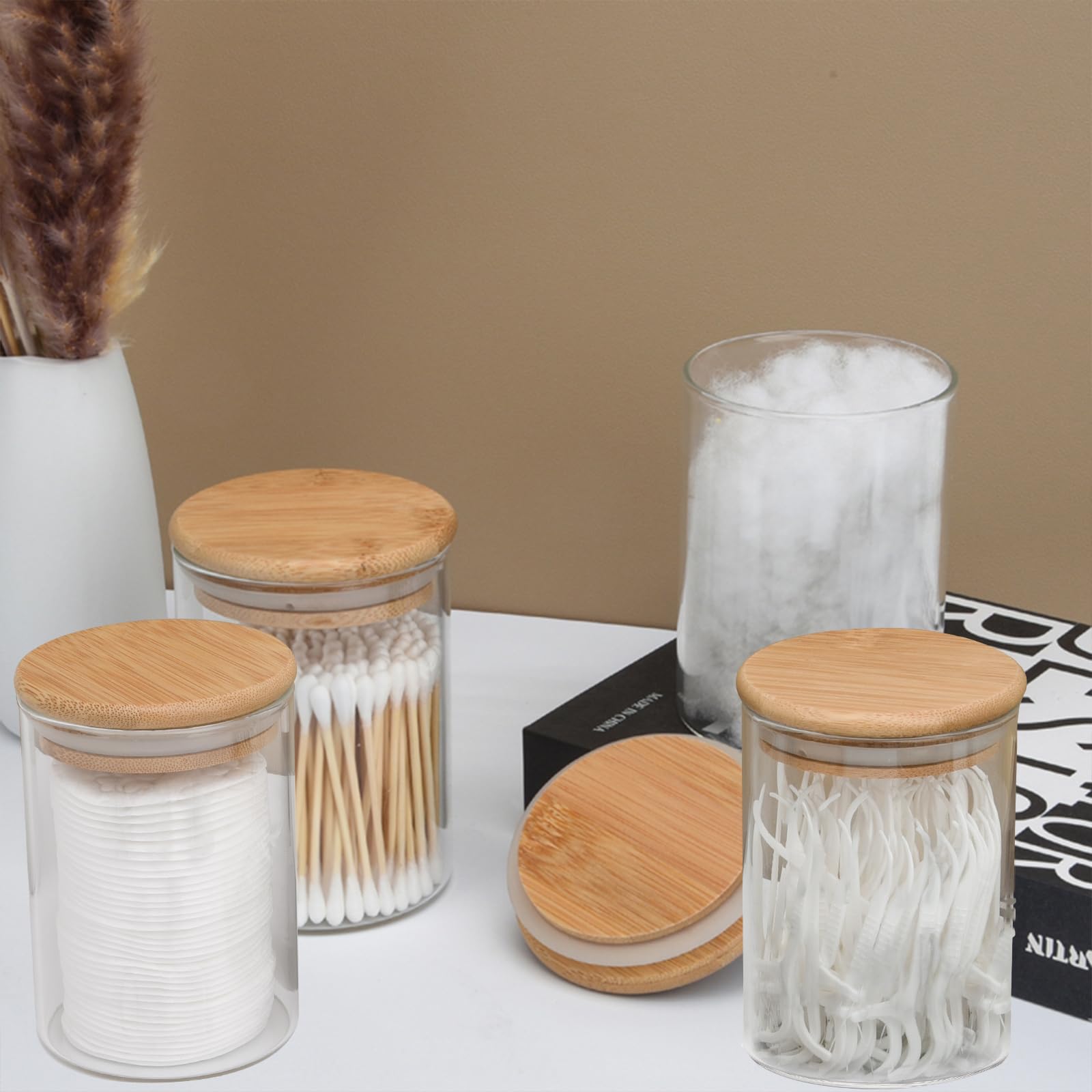 Bkyfpq 4 Pack Glass Qtip Holder Dispenser Apothecary Jars With Lids, Cotton Ball Pad Round Swab Holder For Bathroom Accessories