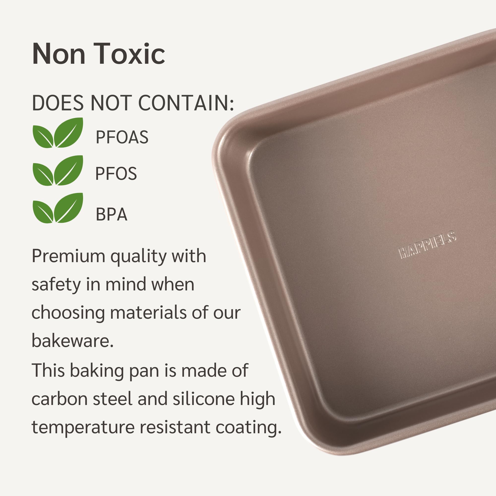 Happiels Nonstick Non Toxic 9X13 In Baking Pan For Oven | Cake Pan 9 X 13 Non Stick Nontoxic | Carbon Steel Gold Brownies Pans 1