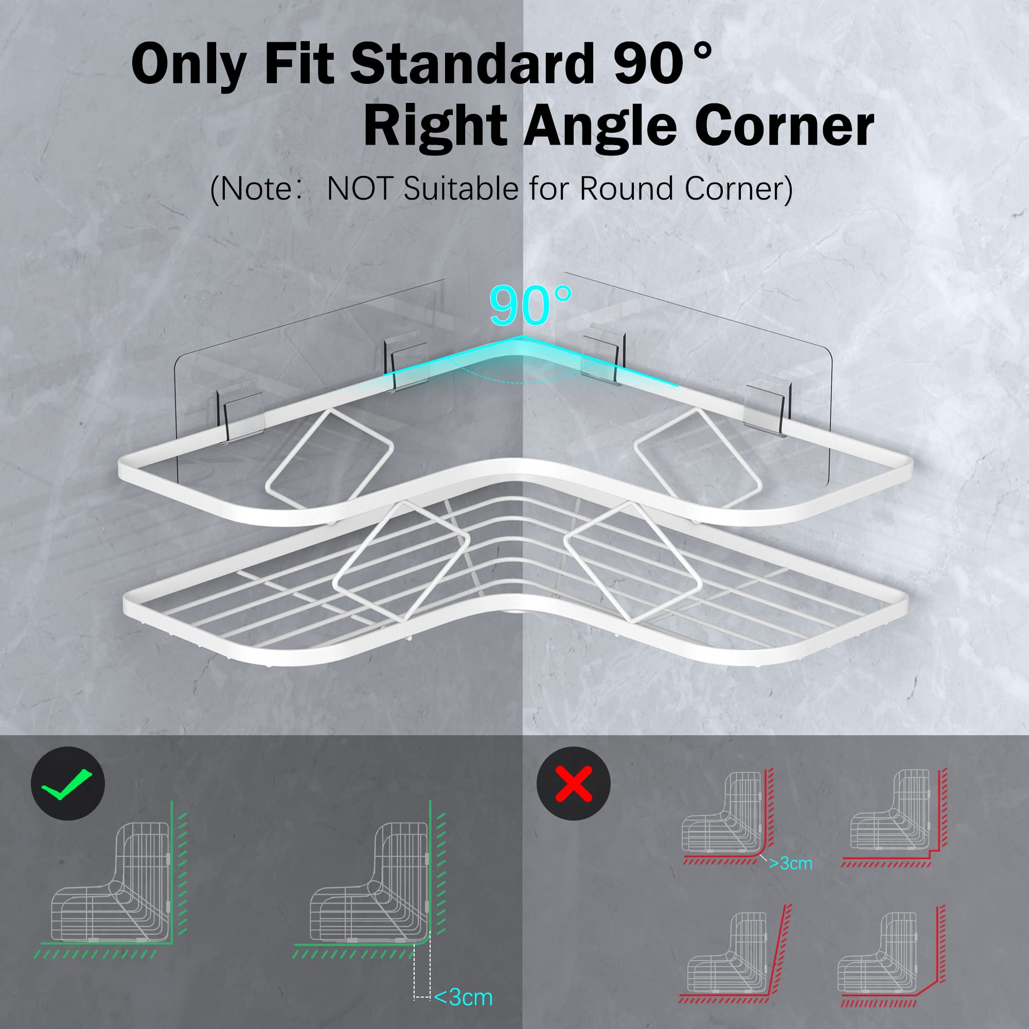 Kadolina Large Corner Shower Caddy Shelf, 2 Pack Adhesive Bathroom Shower Organizer Shelves, No Drilling Rustproof Wall Mounted