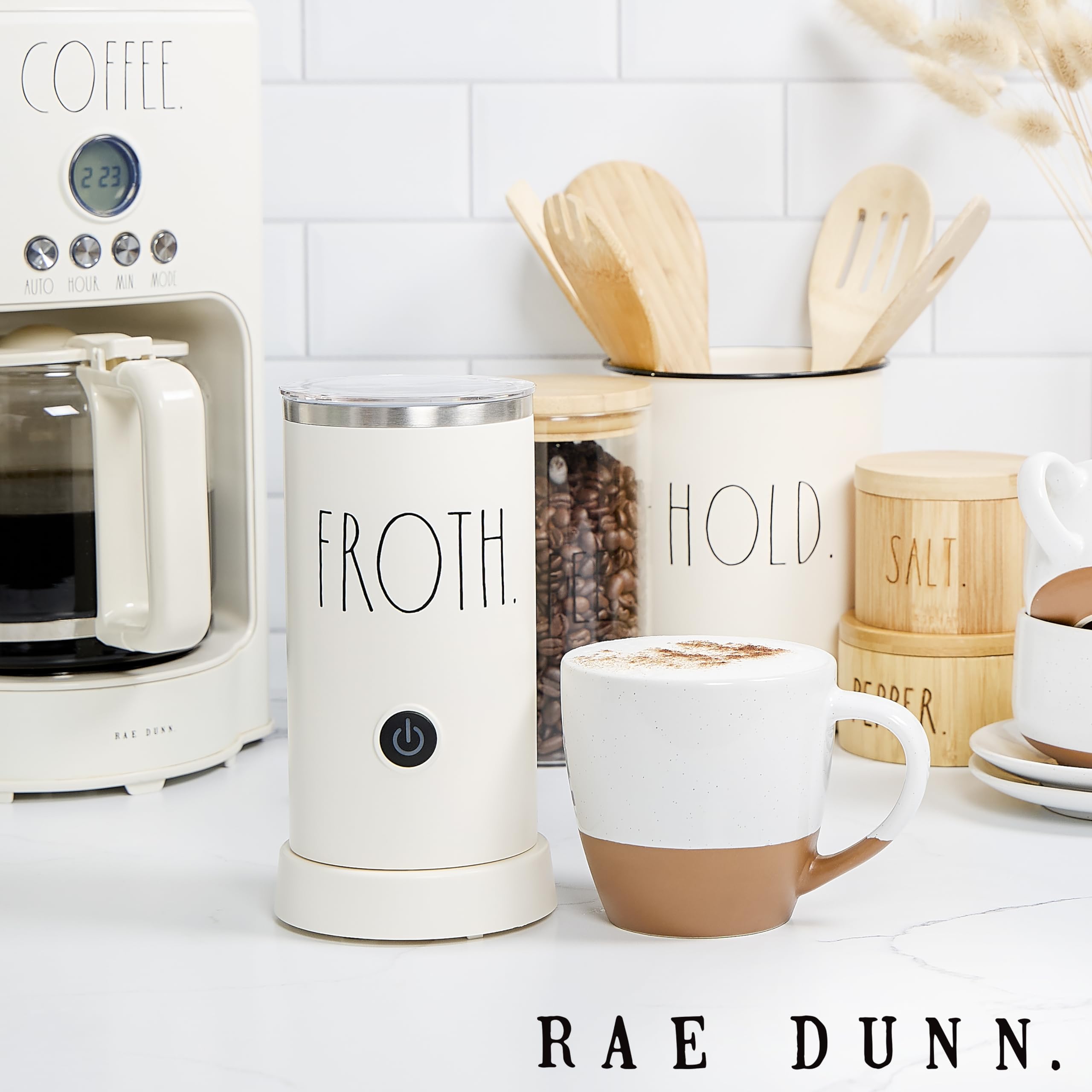 Rae Dunn Electric Milk Frother Steamer -Stylish Automatic Milk Steamer and Frother  Milk Warmer  Hot and Cold Foam Maker for Coffee  Latte  Cappuccino  Macchiato - 550 Watt (Cream)