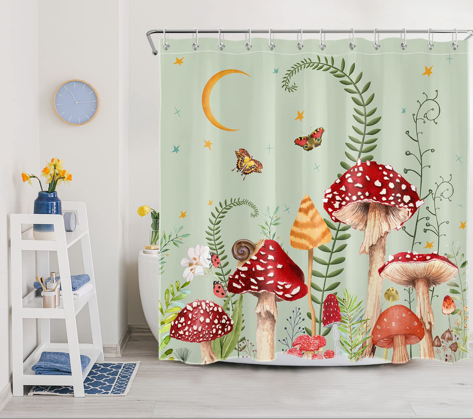 Eobtain Boho Mushroom Shower Curtain Rustic Floral Plant With Green Leaf And Moon Stars On Sage Green Fabric Shower Curtain With